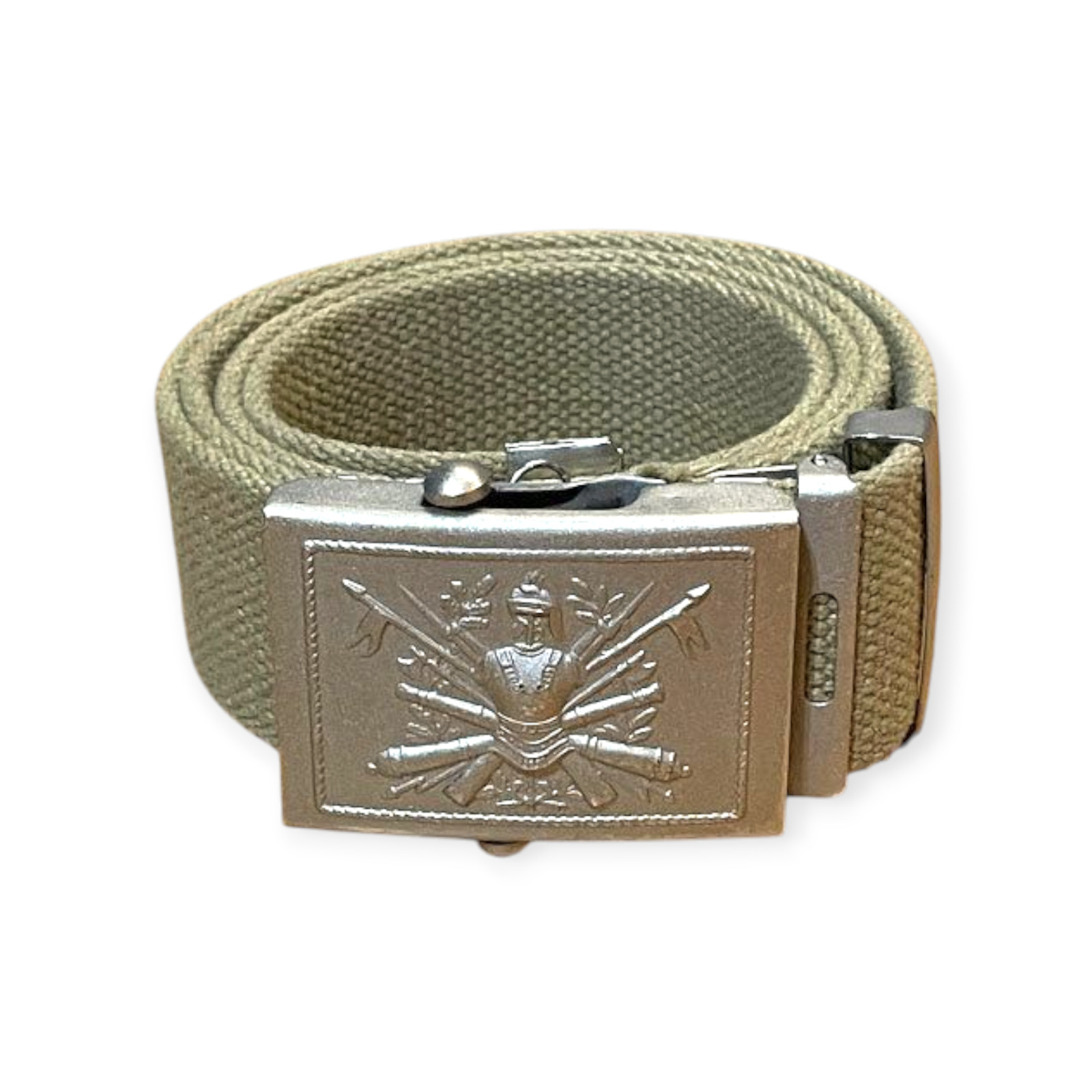 Vintage 1960s-70s Italian Army Khaki 2 in. Belt with Buckle, Men’s 32-36 in.