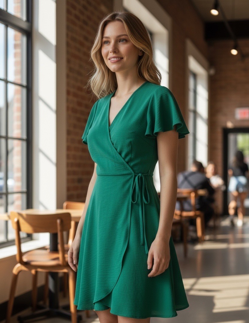 Monteau Los Angeles Mock Wrap Dress Women’s Size XS Kelly Green Flutter Sleeve