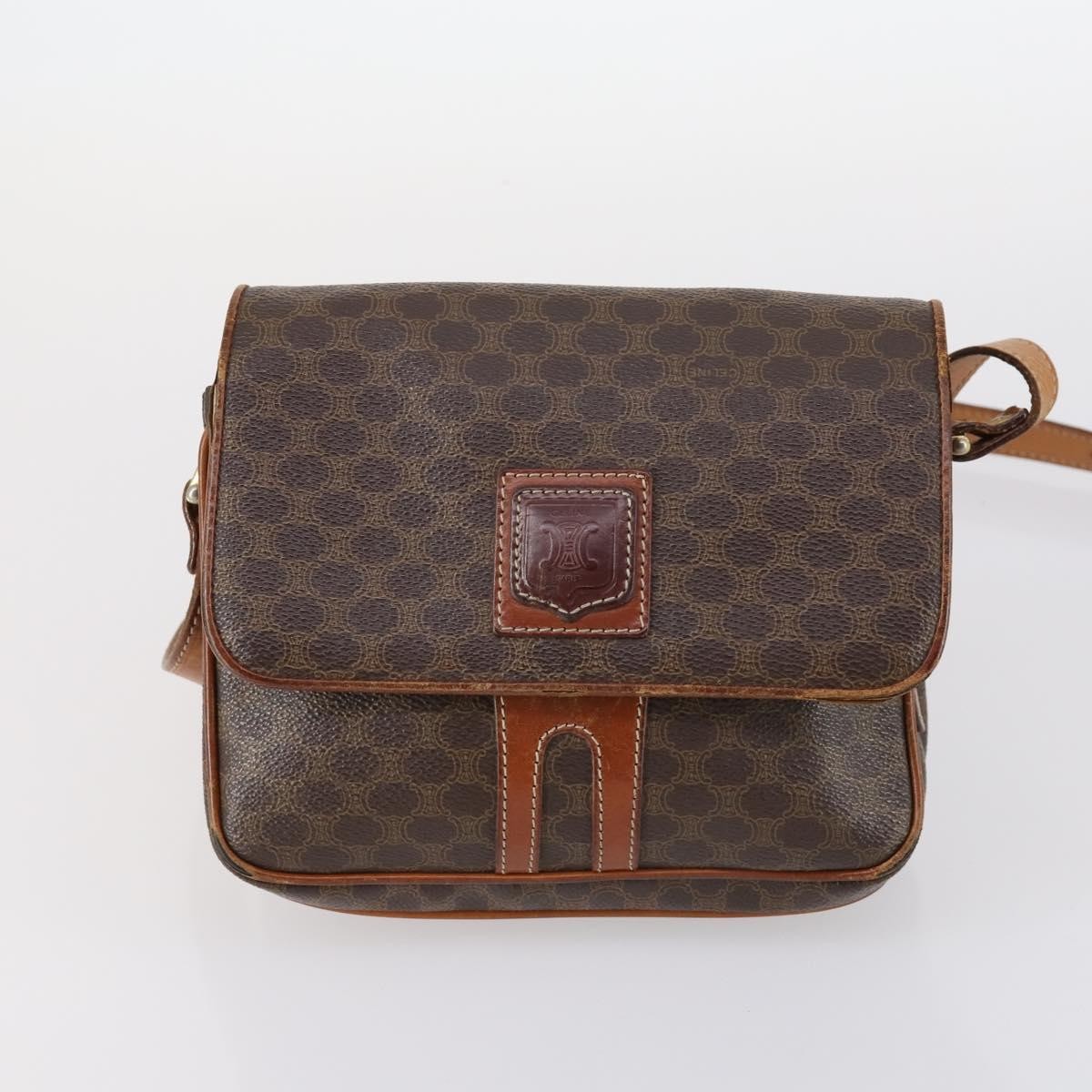 CELINE C Macadam Canvas Shoulder Bag PVC Leather 3 Set Brown Gold Auth 142449