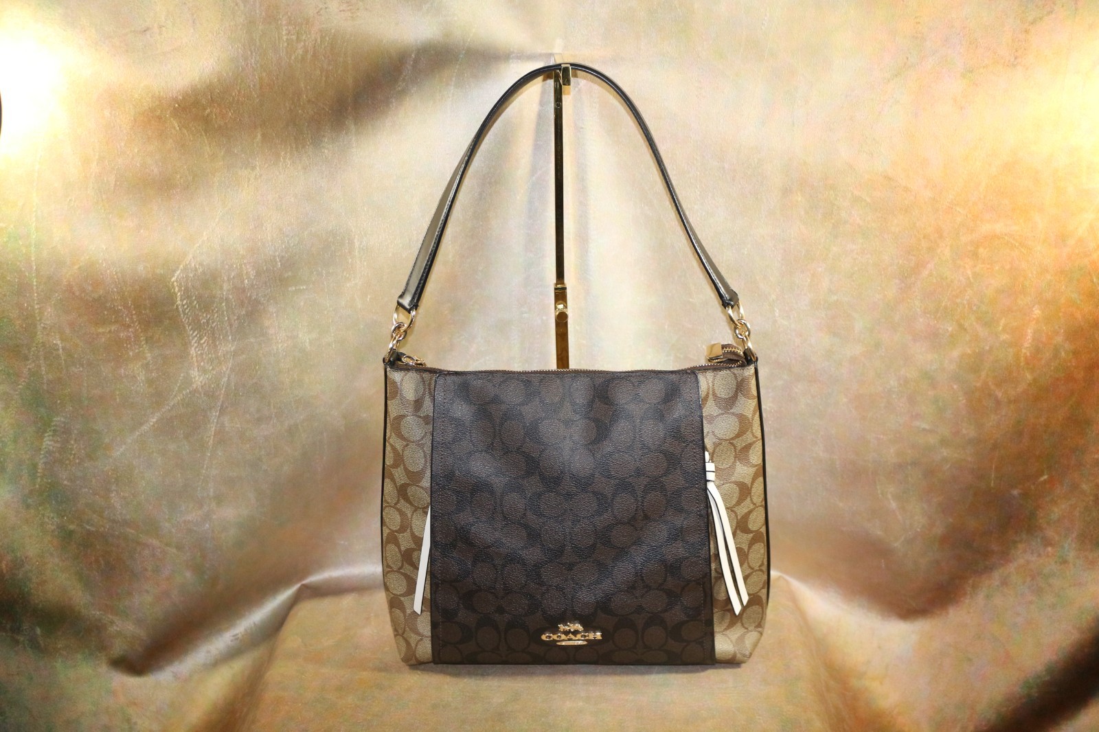 COACH SLIMLINE SIGNATURE C, LT & DK BROWN, BLACK ACCENTS, TWO SIDE ZIPPERS