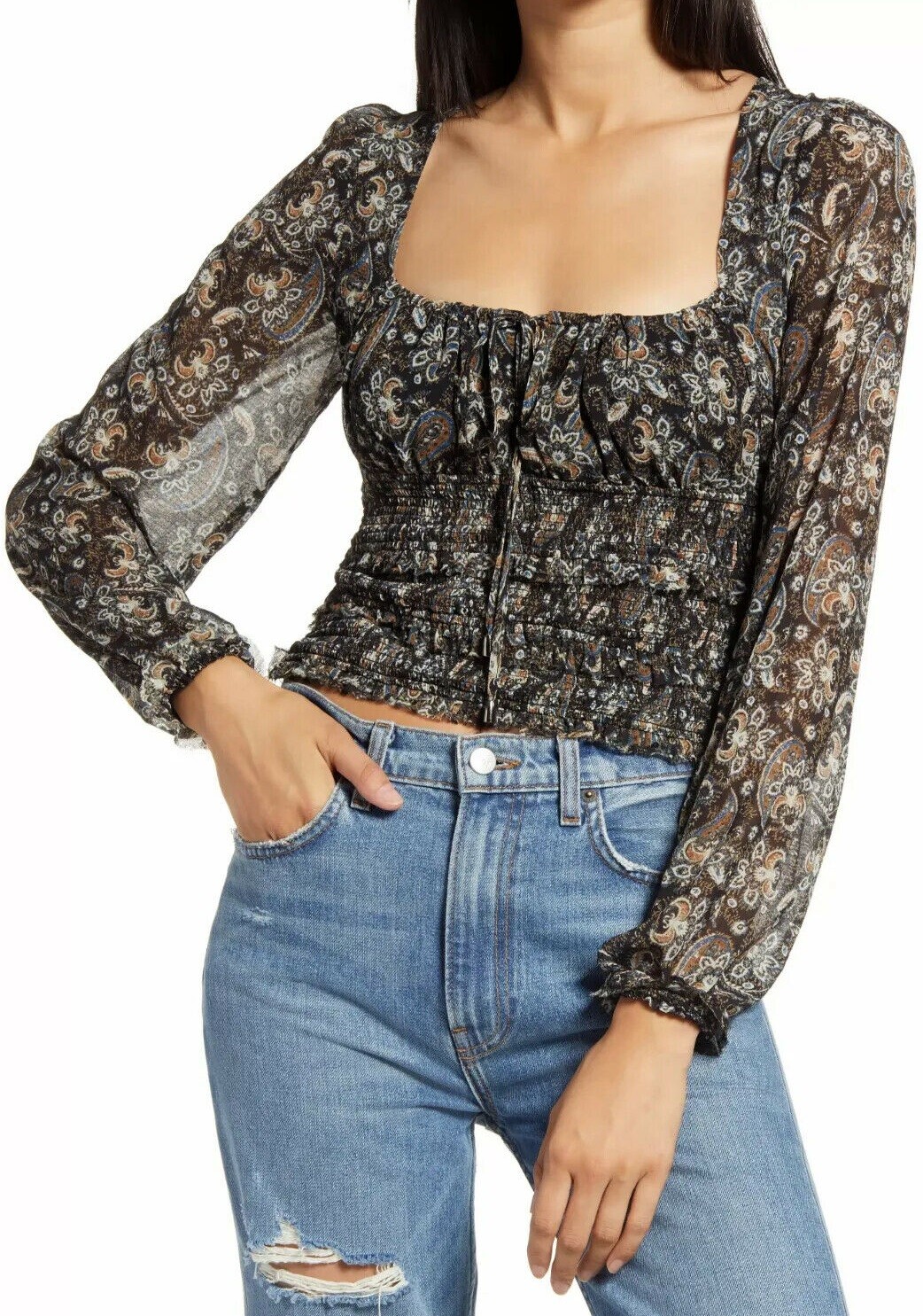 FREE PEOPLE LOLITA PEASANT BLOUSE TOP OB1018998 FLORAL DARK COMBO SIZE L