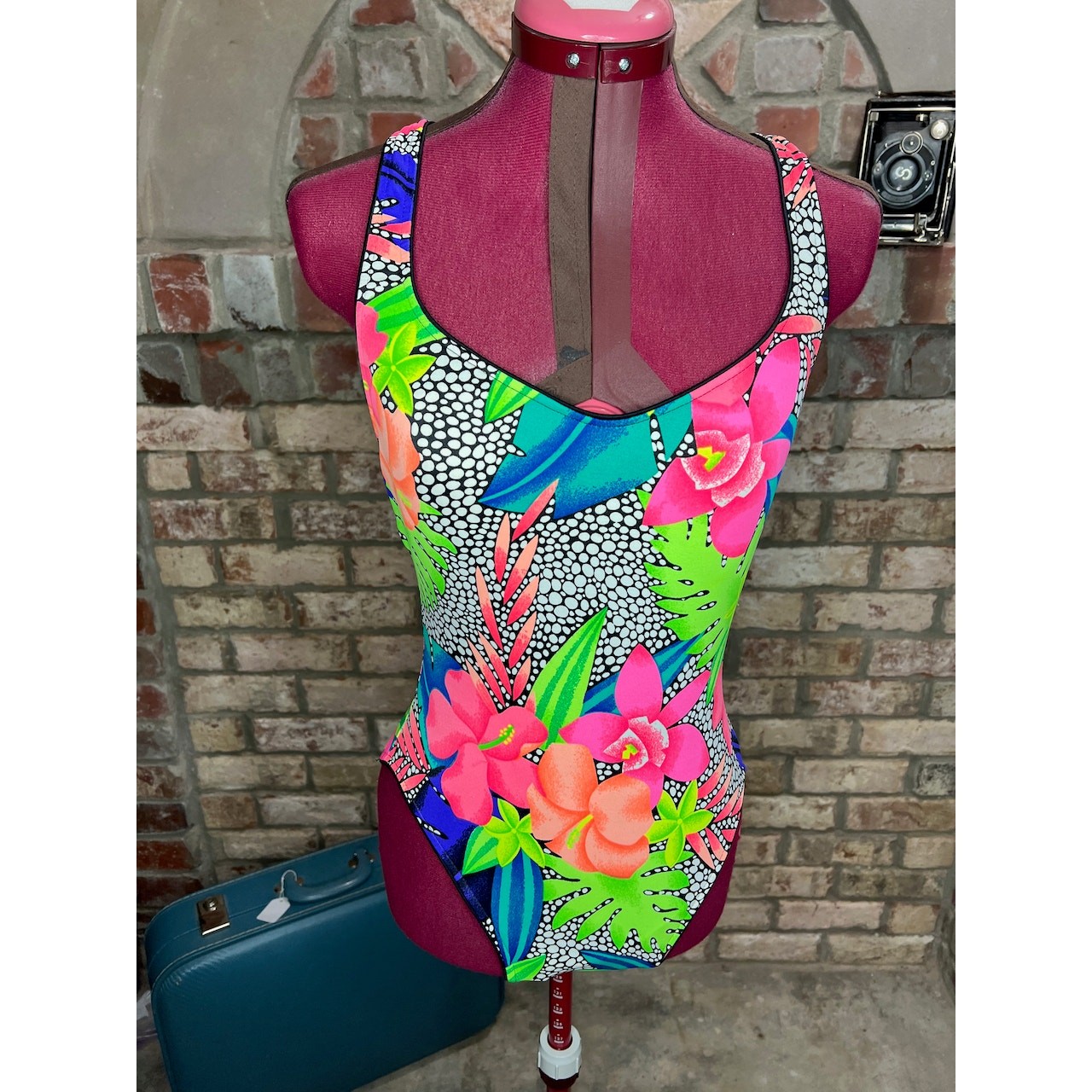 Sassafras swimwear one piece swimsuit floral high cut dayglow green hot pink