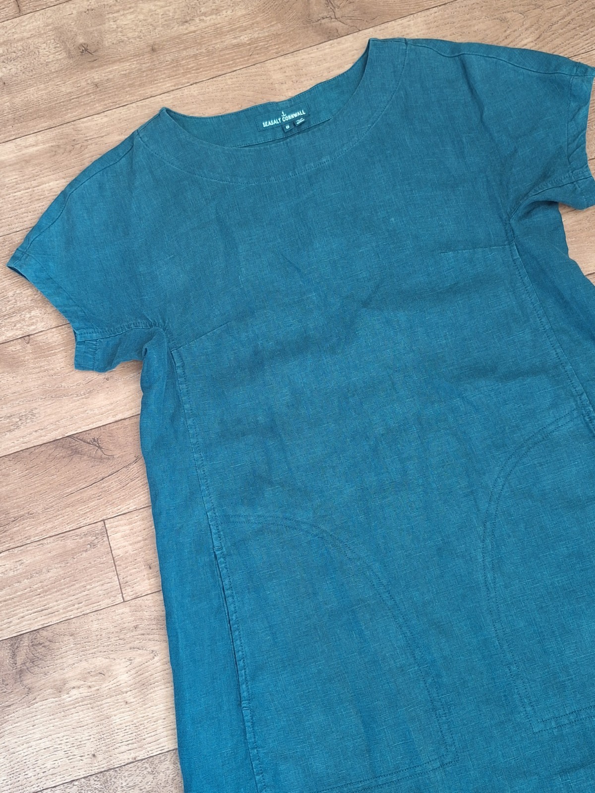 Seasalt Boxy Loose Fit Linen Teal Blue Green Shift Primary Dress UK 8 EU 36 US 4
