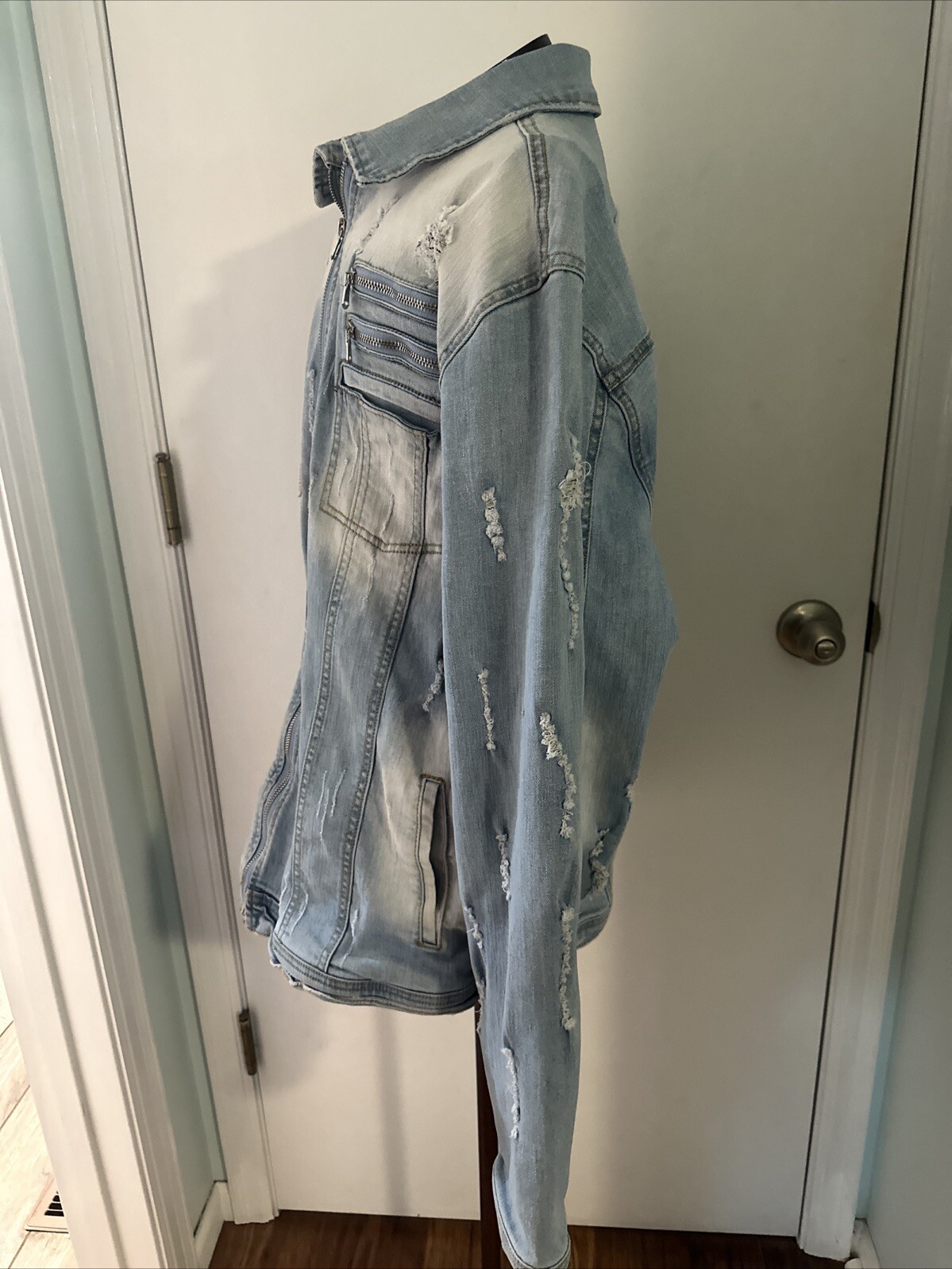 argonauts nation 2XL lightweight blue distressed zippers jean jacket