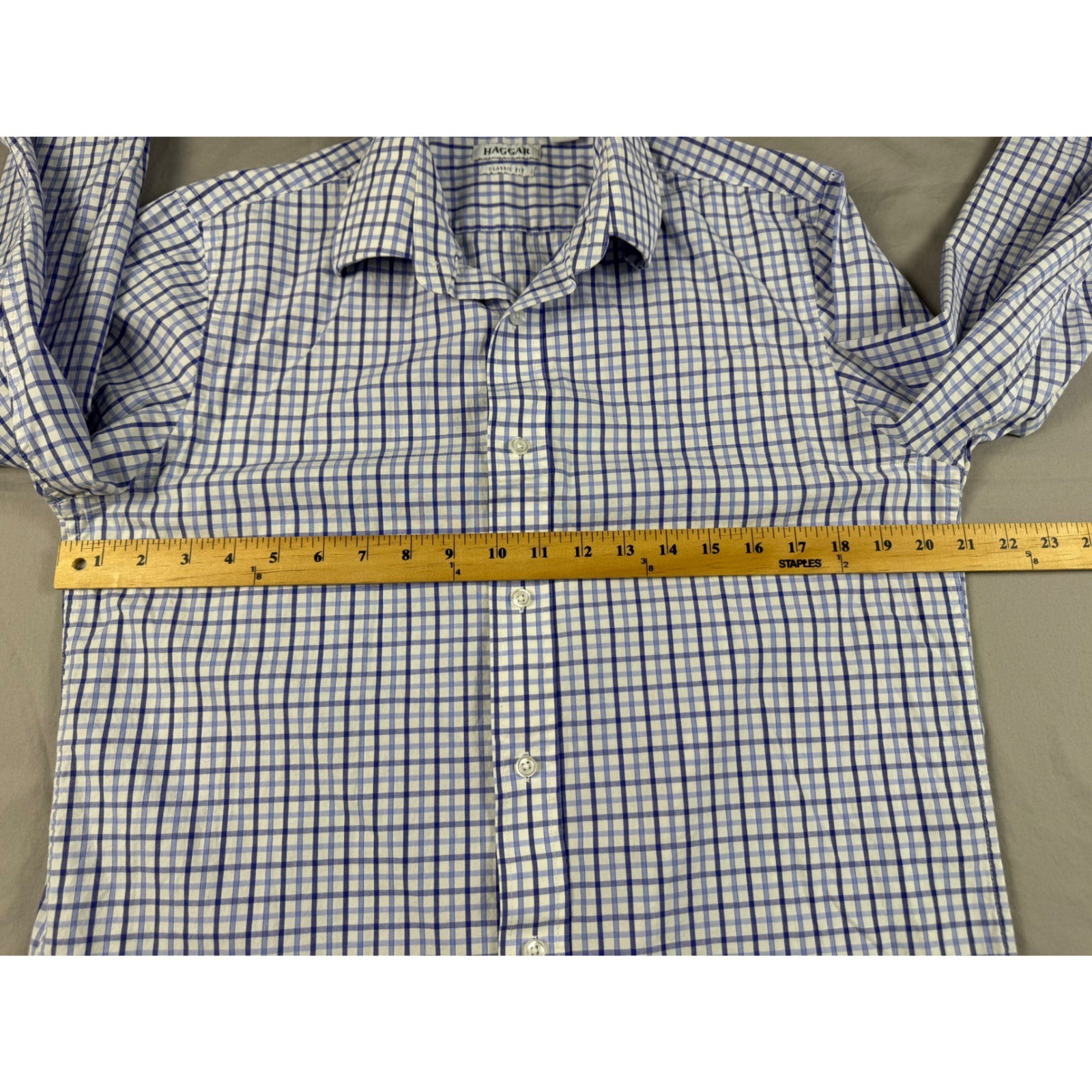 Haggar Mens Classic Fit Blue White Check Button Down Shirt 15-15.5 32/33 WPL386