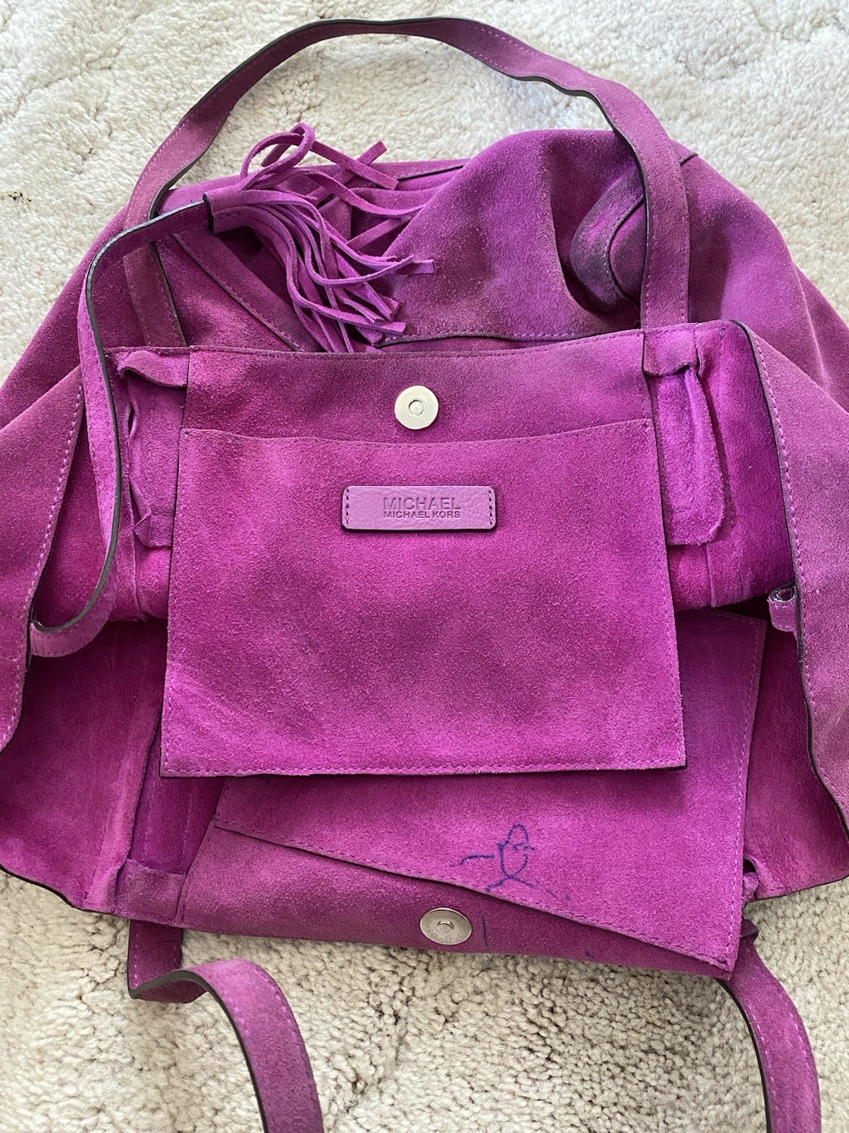 Michael Kors Fuchsia Suede Tote Bag Magnetic Closure Gold Hardware Tassel Charm