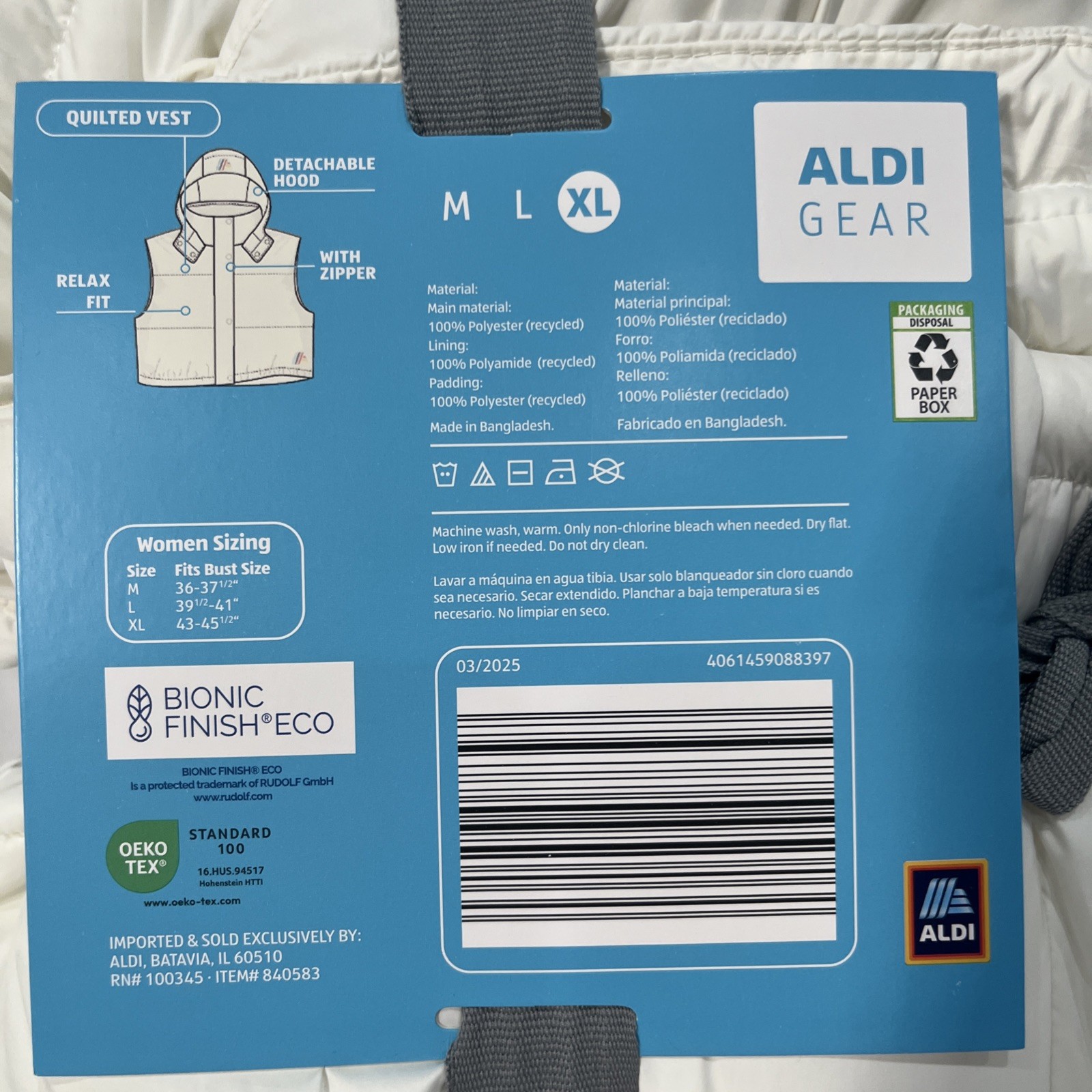 XL Aldi Gear Quilted Zip Vest White Logo On Detachable Hood Relax Fit