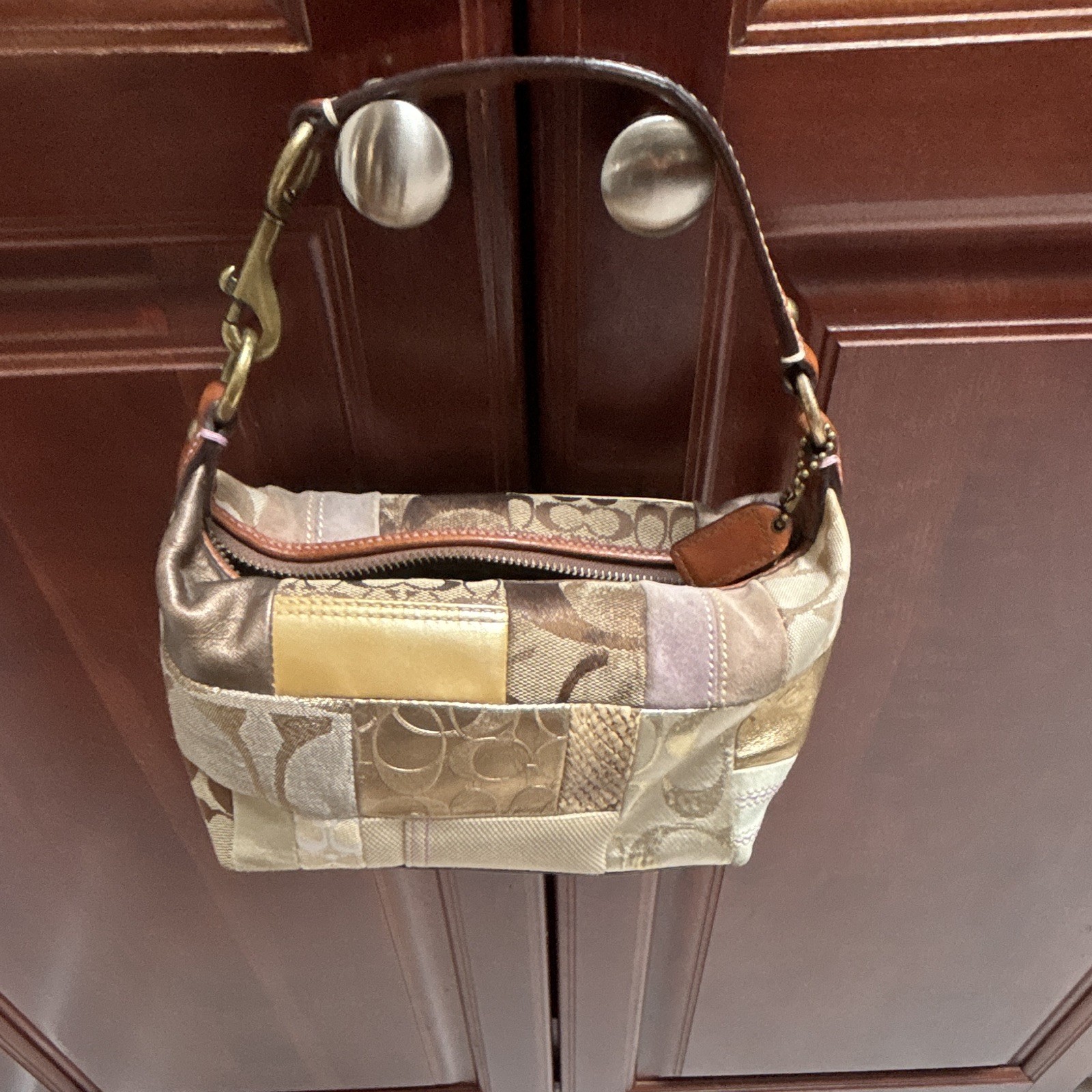 Vintage Coach Patchwork Logo Shoulder Bag Gold Brown Beige Purple Small Designer