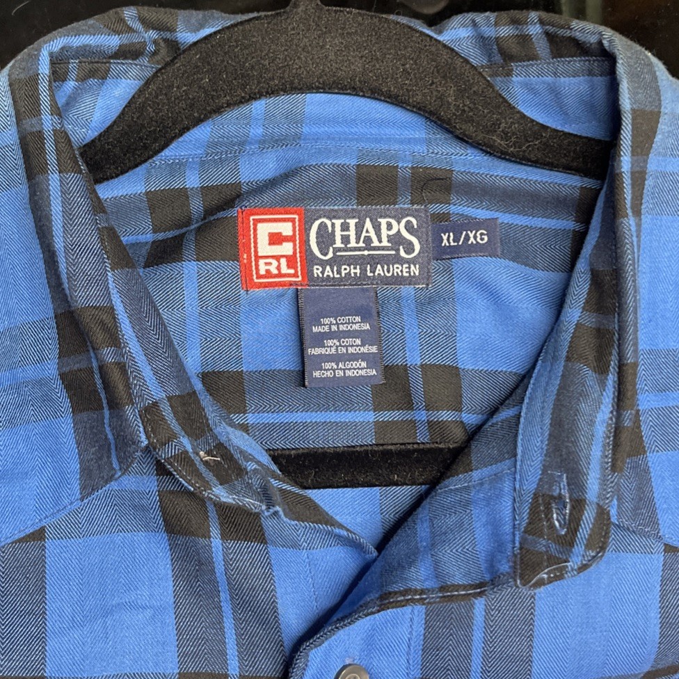 Chaps Ralph Lauren Plaid Shirt Blue Flannel Tartan Cotton Button Up XL