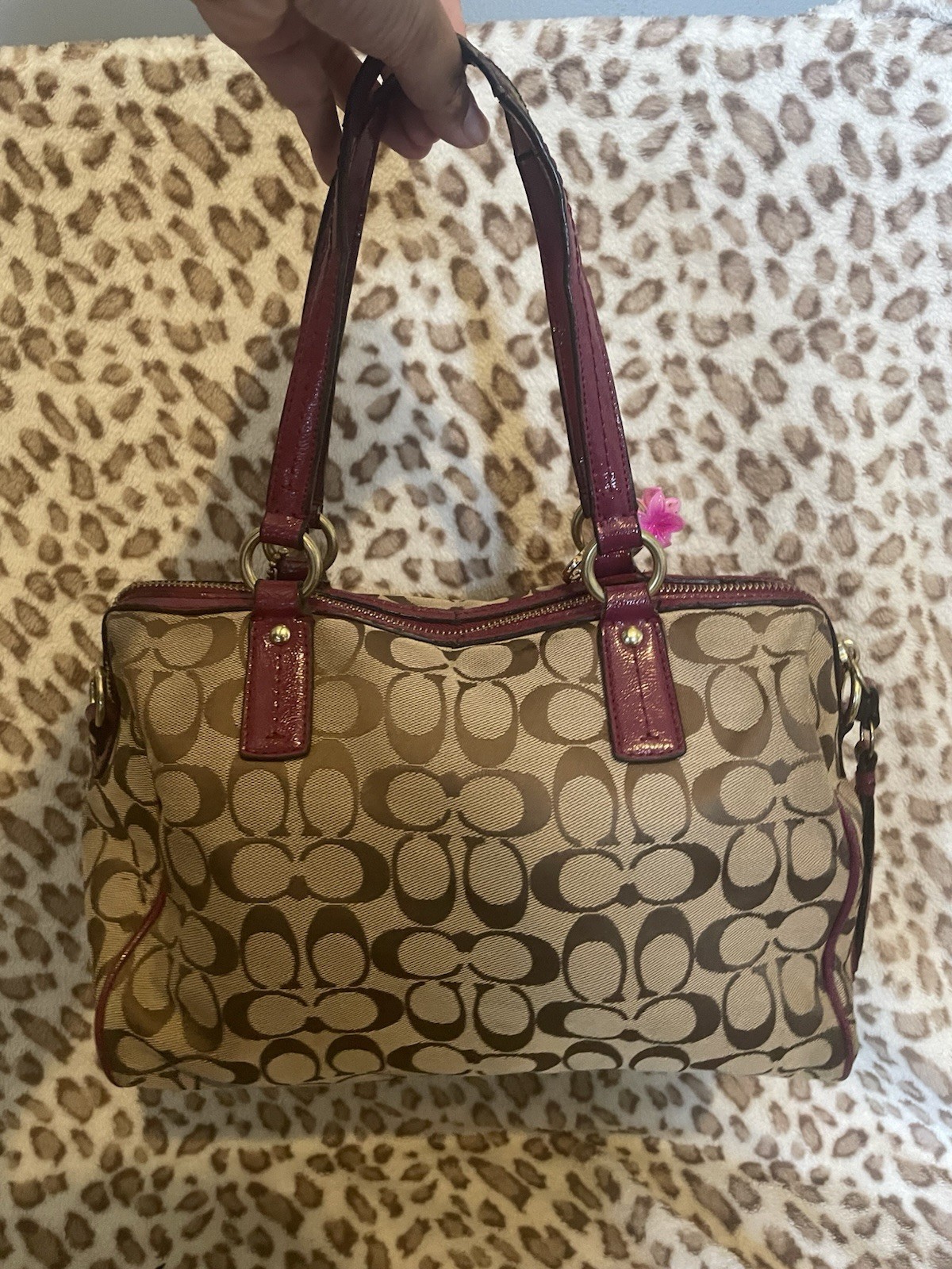 Coach F24884 Signature Stripe Python Snake Zip Satchel Khaki/Raspberry