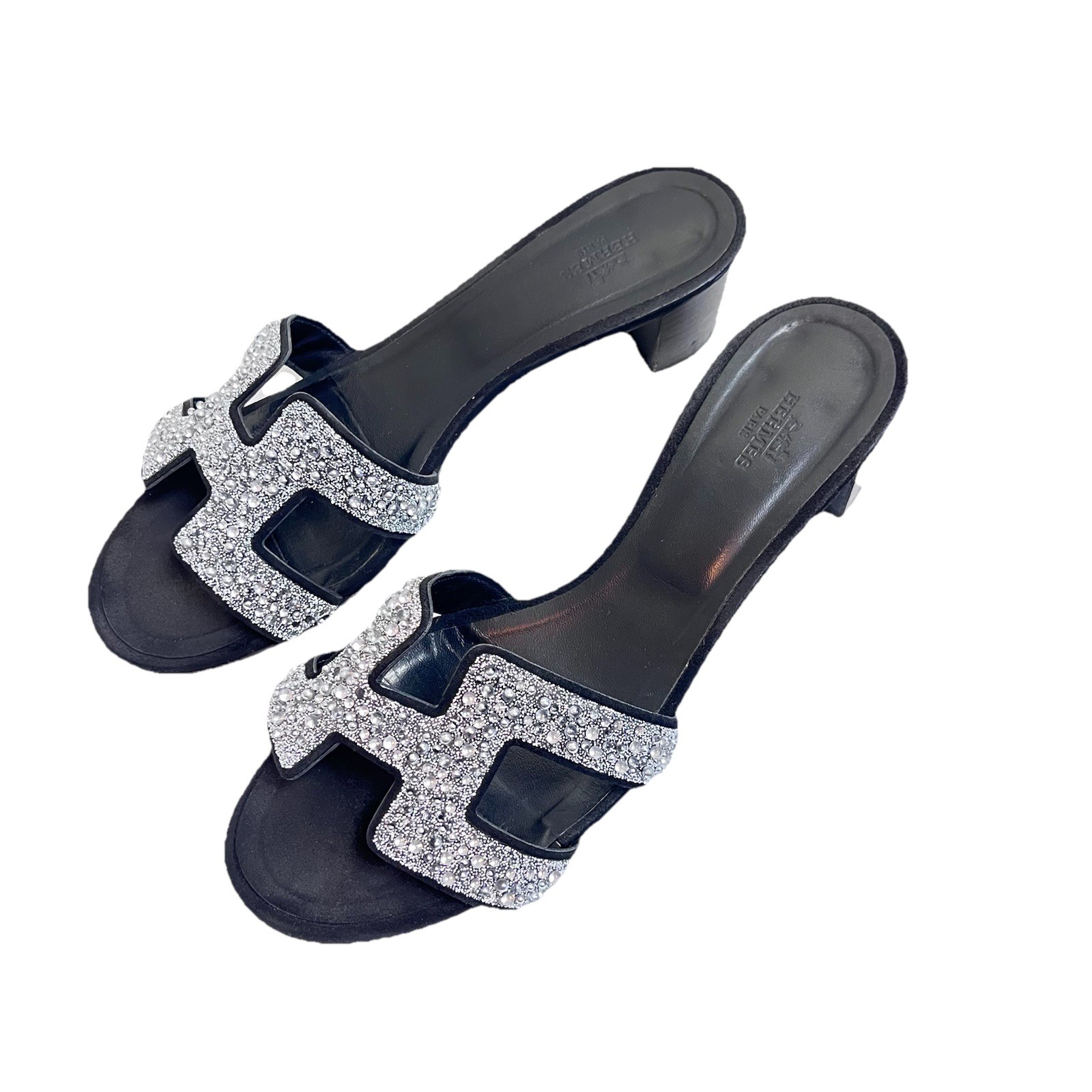 Hermès Oran Crystal Heeled Mule Sandals Black Leather 40 Silver Glitter Heels