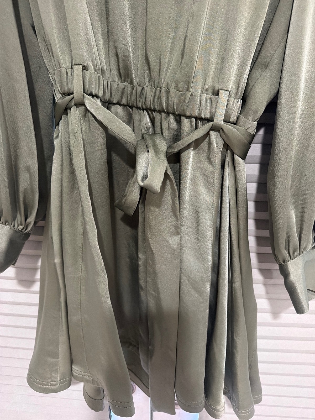 Ramy Brook Olive Green Satin Long Sleeve Dress with Tie Waist, Size XL