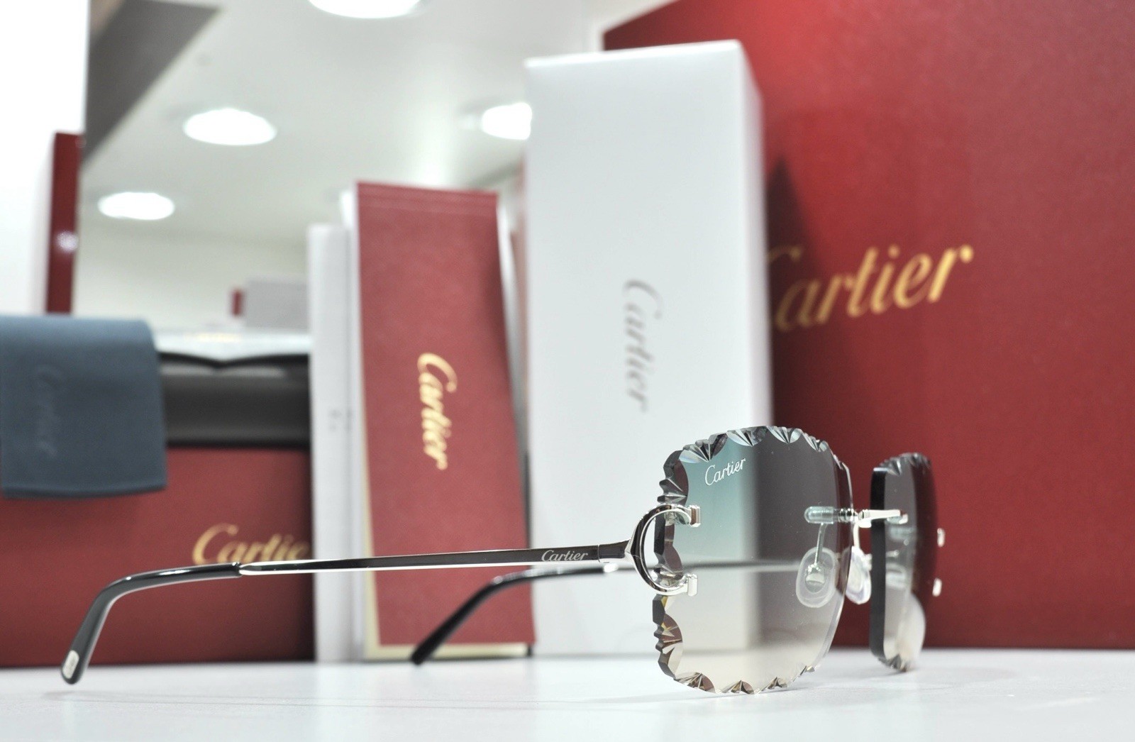 Cartier rimless sunglasses piccadilly glasses Diamond Cut BIG C silver Frame