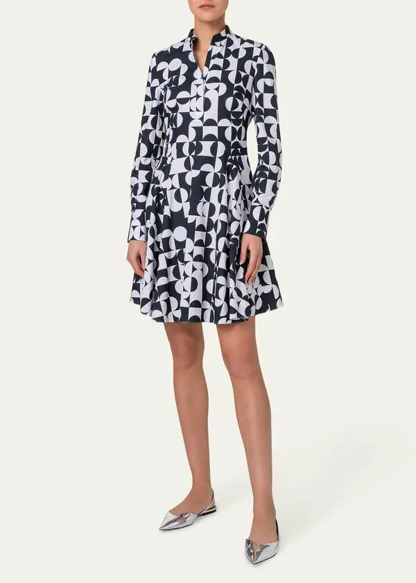 Akris Punto New Half Grid Circle Print Long Sleeve Shirtdress $1190 sz 6 US