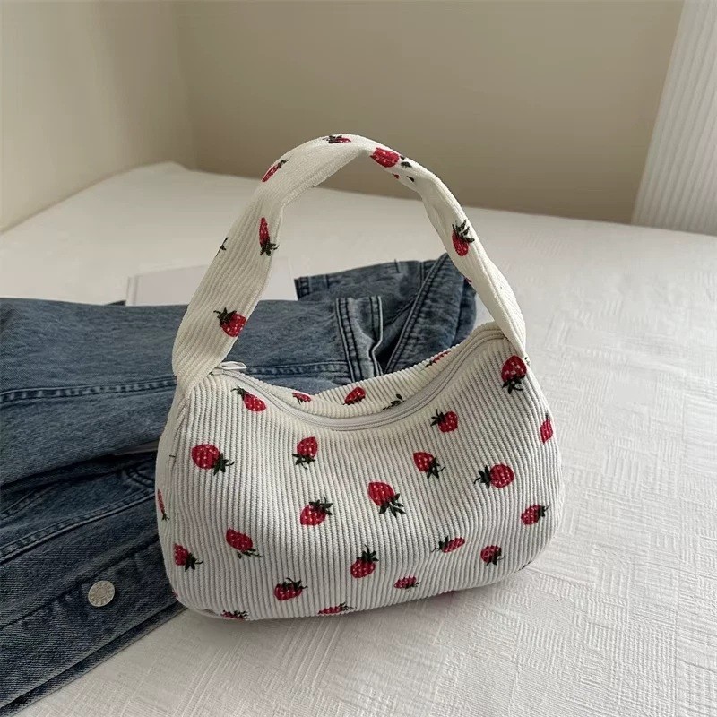 CUTE STRAWBERRY CORDUROY SMALL SHOULDER BAG WITH ZIPPER ALL OVER PRINT UNDERARM