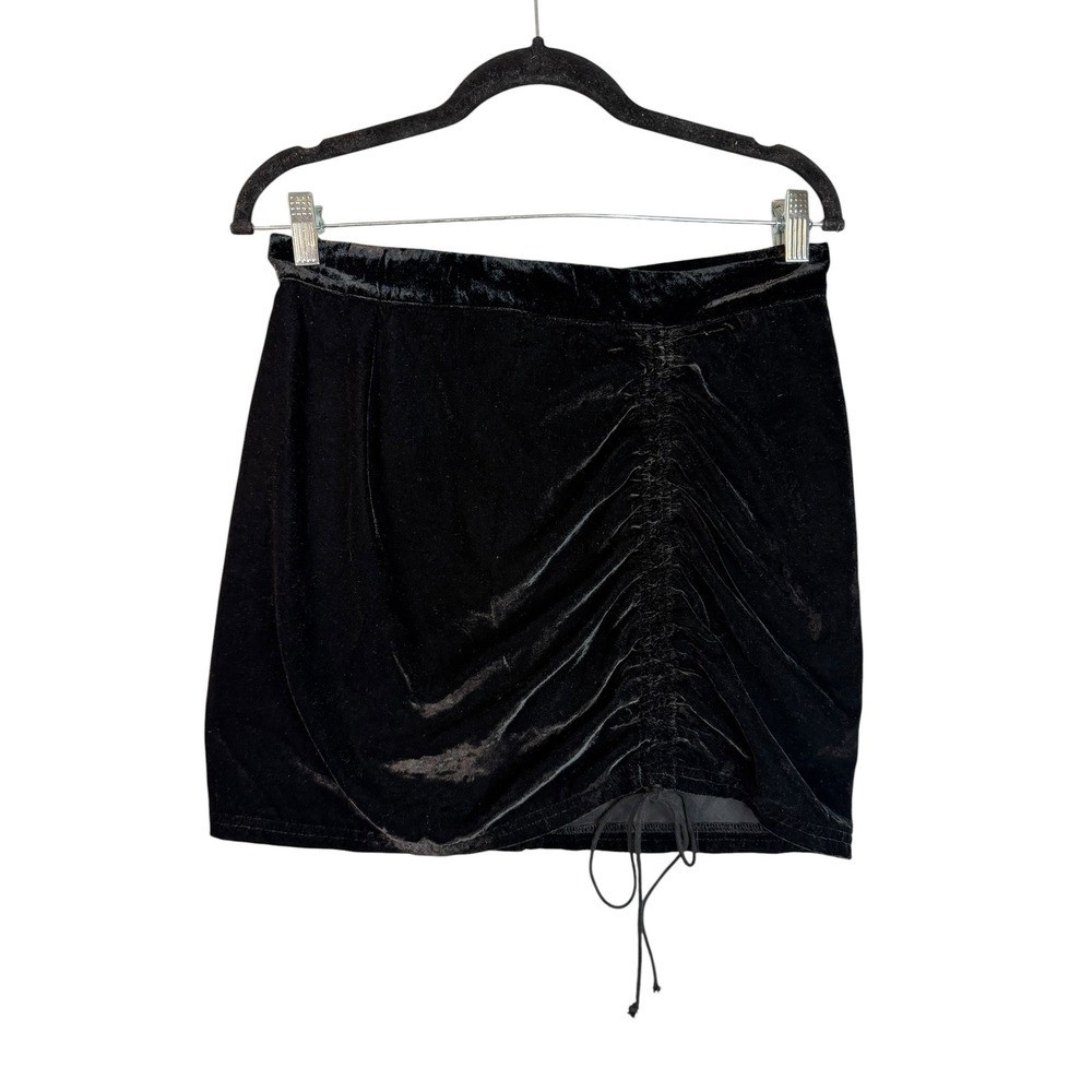 Free People Black Velvet Ruched Mini Skirt Drawstring Front Size Medium