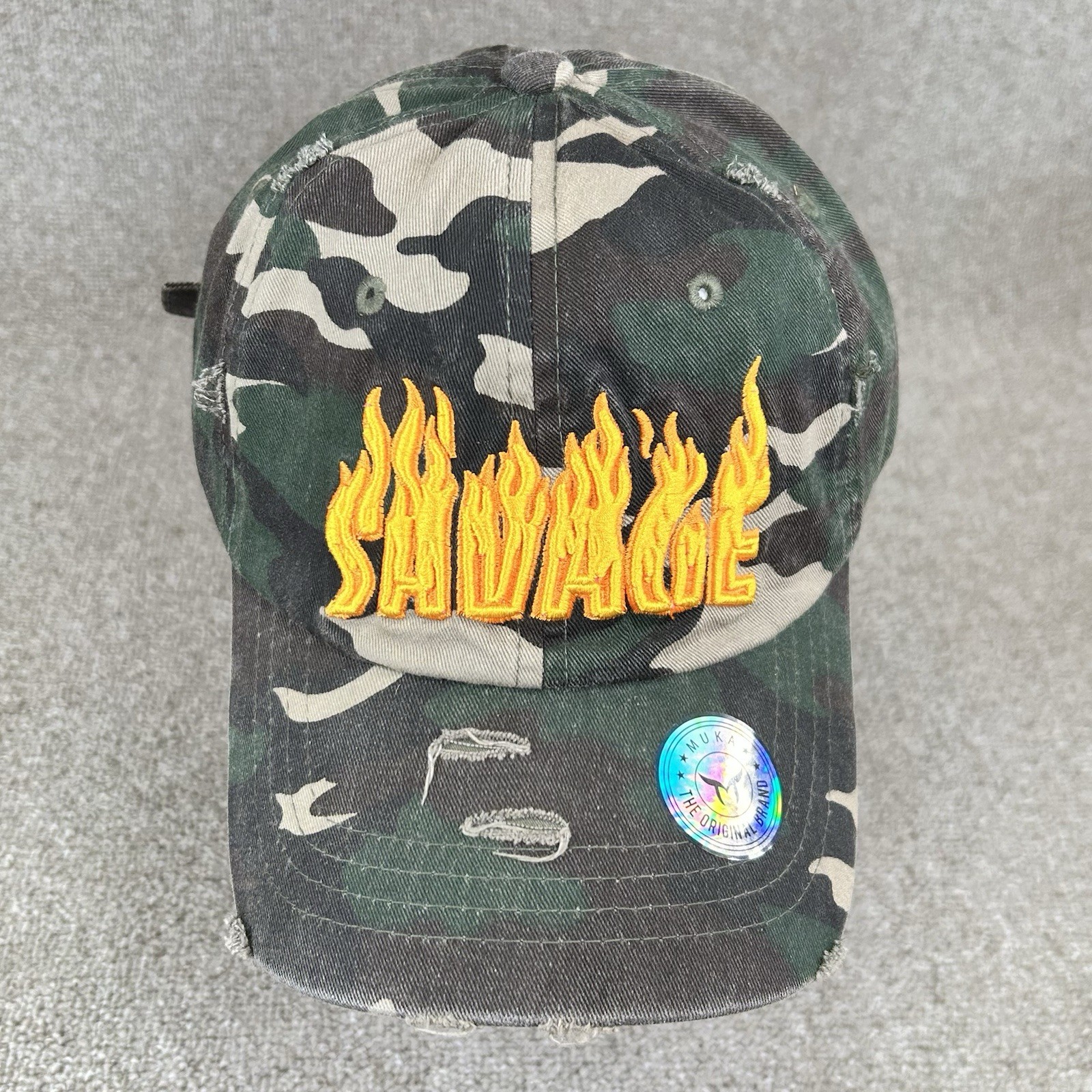 Muka “Savage” Dad Cap Hat Camo Distressed Adjustable New Without Tags