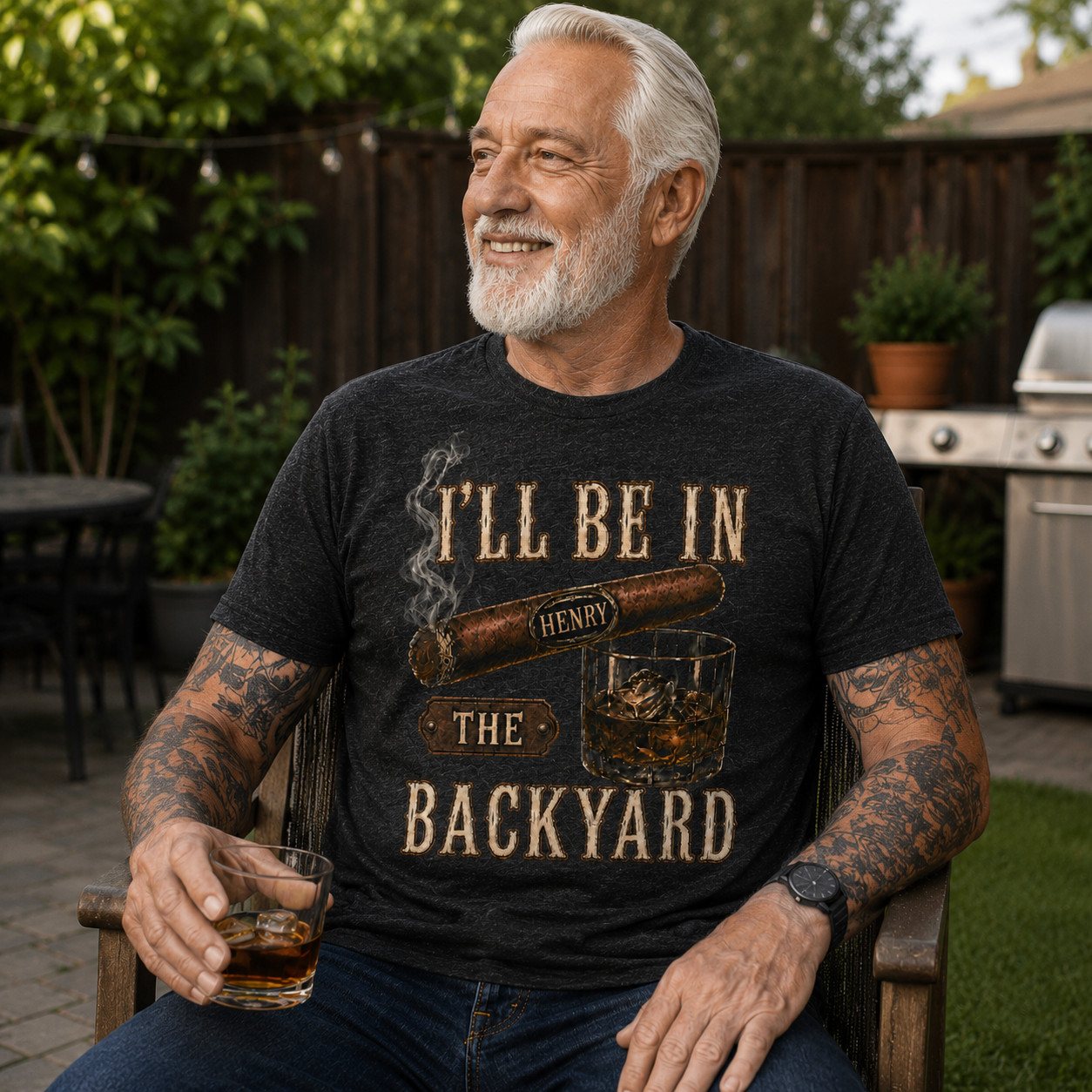 Custom I’ll Be In The Backyard T-Shirt, Cigar and Whiskey Tee, Husband Gift Idea