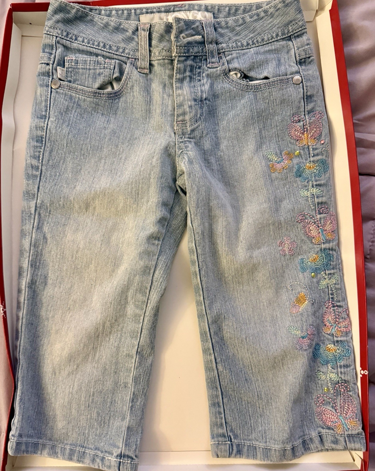 Y2K BONGO Girls Denim Capri Pants Size 7 with Embroidered Flowers