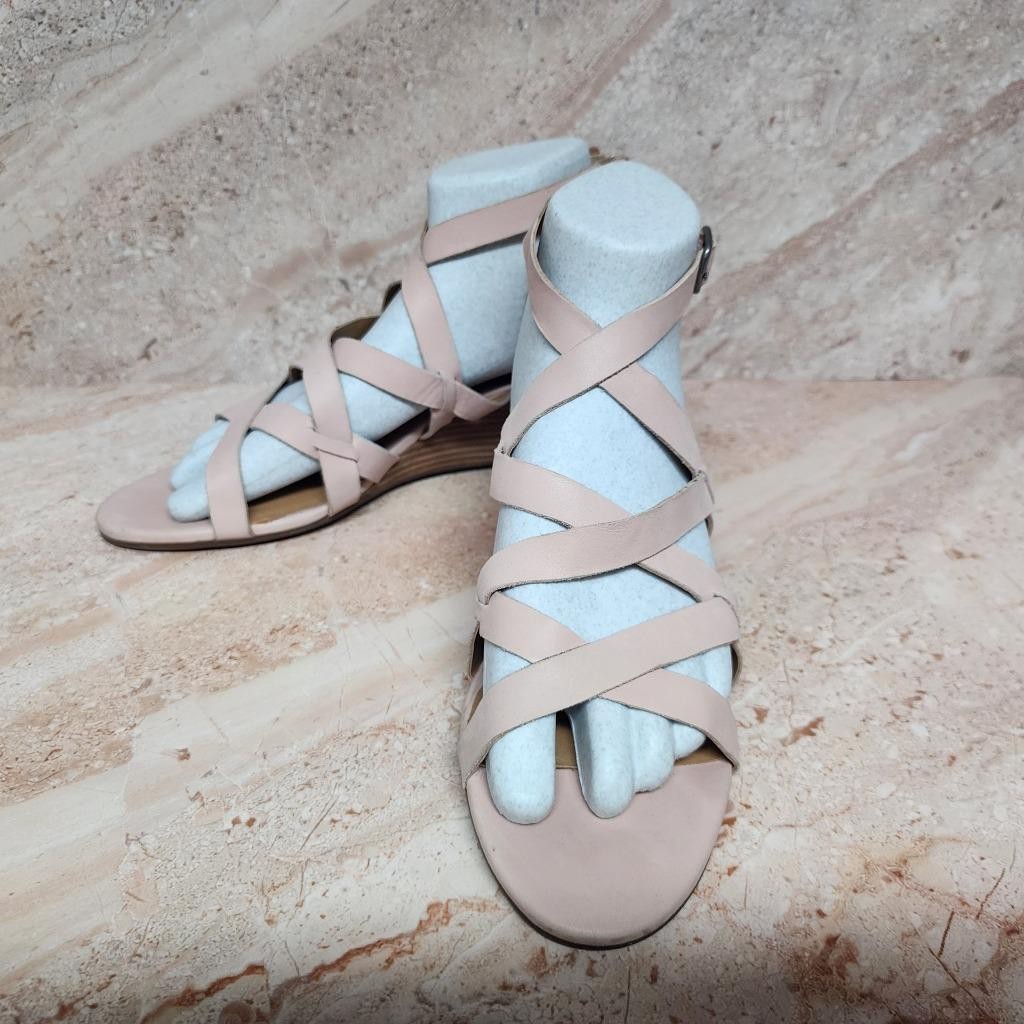 LUCKY BRAND JEWELIA Sandshell Leather Wedge Strappy Zipper Heel Sandals US 9.5!