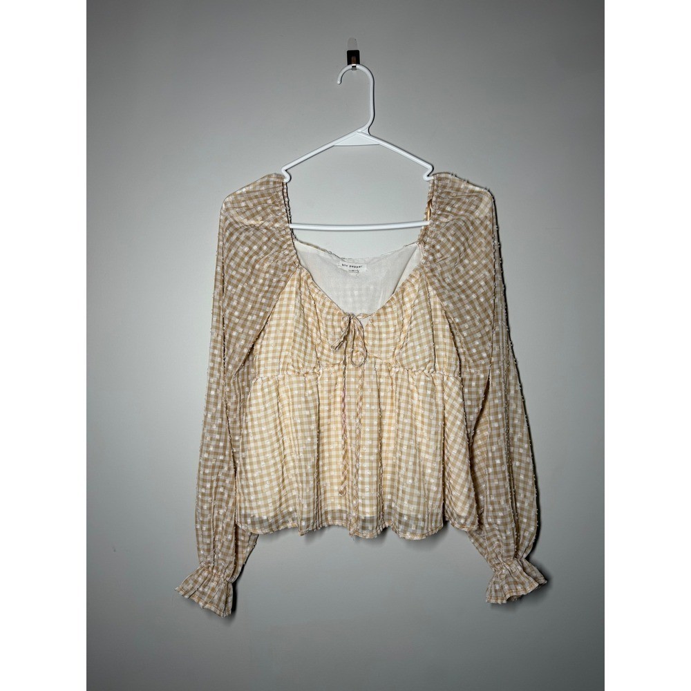 Blu Pepper Tan Gingham Swiss Dot Peplum Blouse Long Sleeve Sweetheart Neck Small