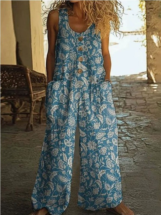 Women Sleeveless Wide Leg Jumpsuit Floral Print Loose Pocket Long Overall Romper