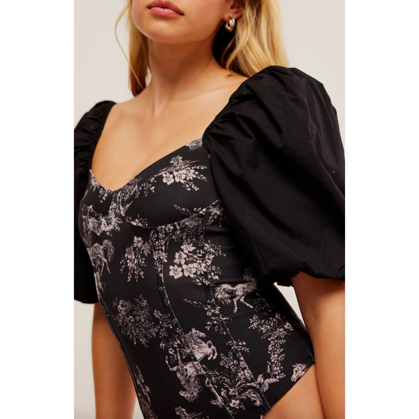 Free People Prarie Rose Puff Sleeve Bodysuit Black Coquette Romantic Large NWT