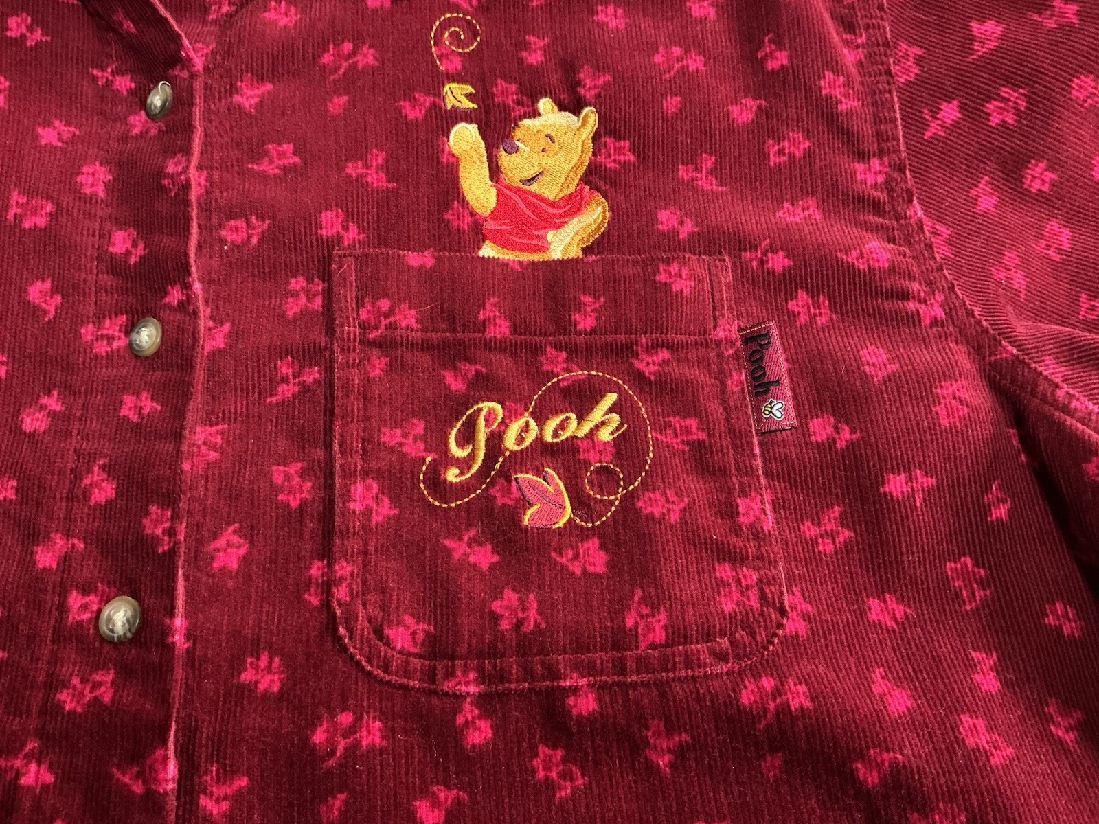 Winnie The Pooh Women’s Burgundy Corduroy Embroidered Button Shirt Medium NWT