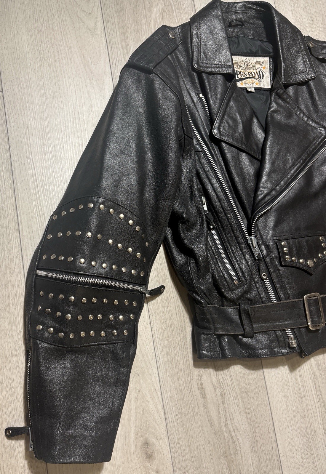 VTG 80s 90s Open Road Studded Leather Moto Jacket Brando Punk Biker Belted M