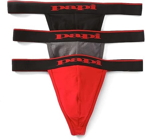 Papi Men’s 3-Pack Premium Fashion Cotton Active Stretch Thong Black/Red/Grey
