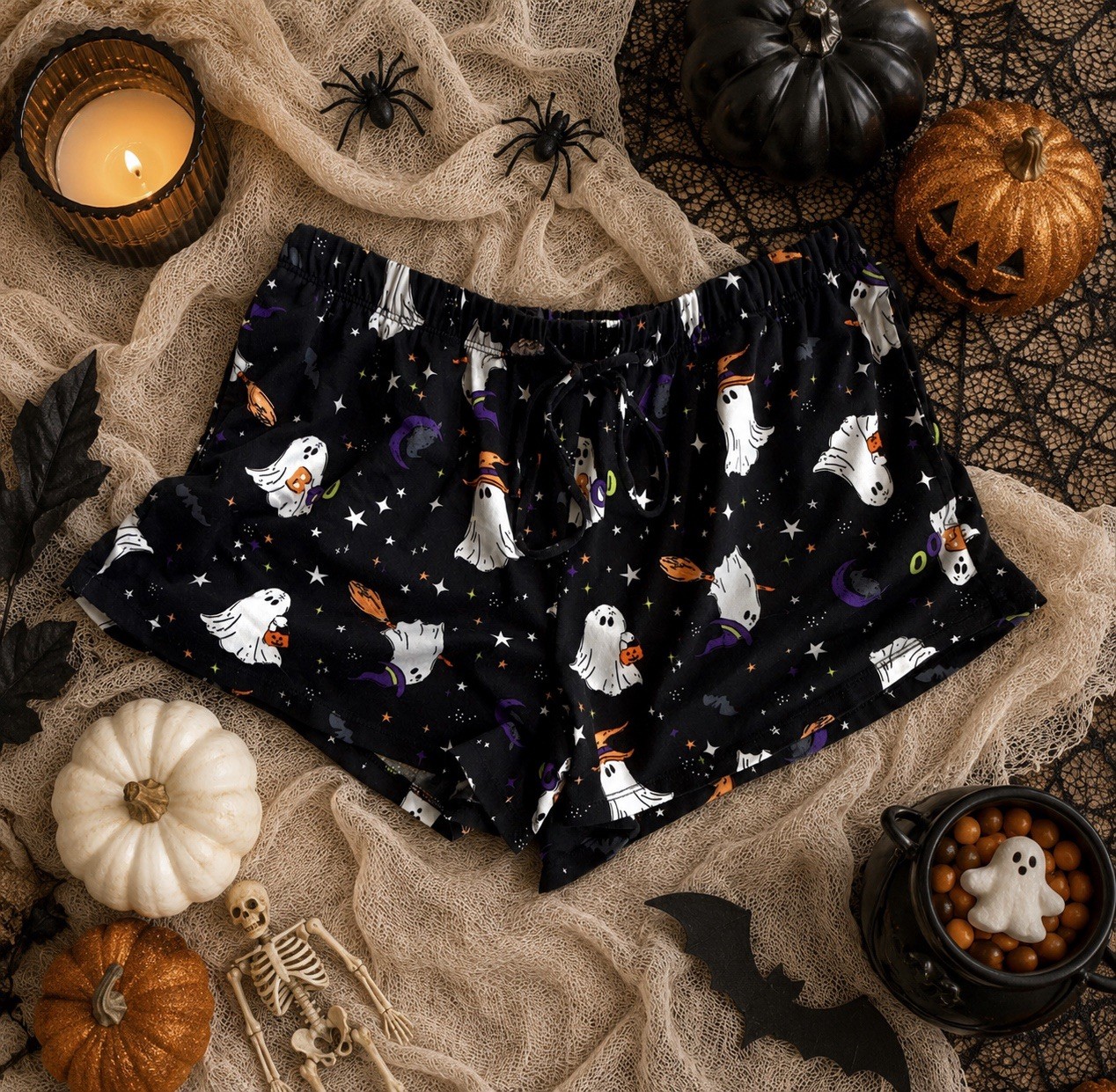 my celebrate! Women’s Ghost Graphic Print Sleep Shorts XS Drawstring Black 0005