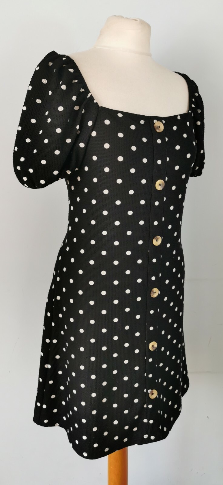 River Island Black Polka Dot Puff Sleeve Button Front Dress Size 14 Square Neck