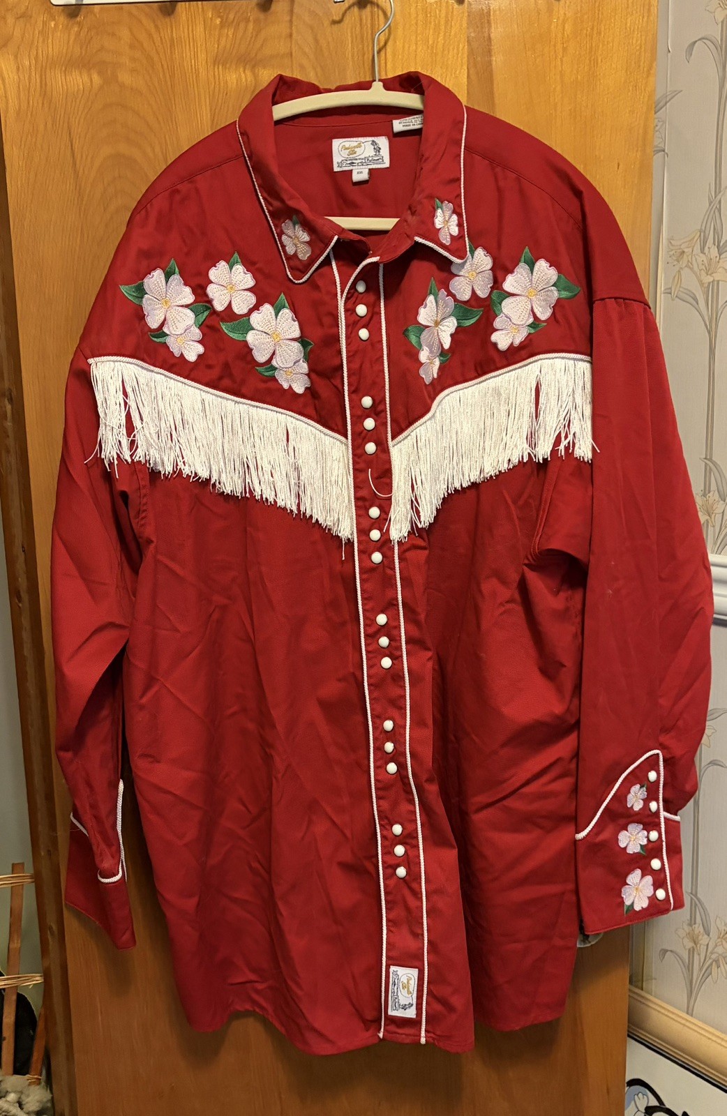 Panhandle Slim Western Applique Flowers Pearl Snap Shirt XXL Red Fringed Yolk