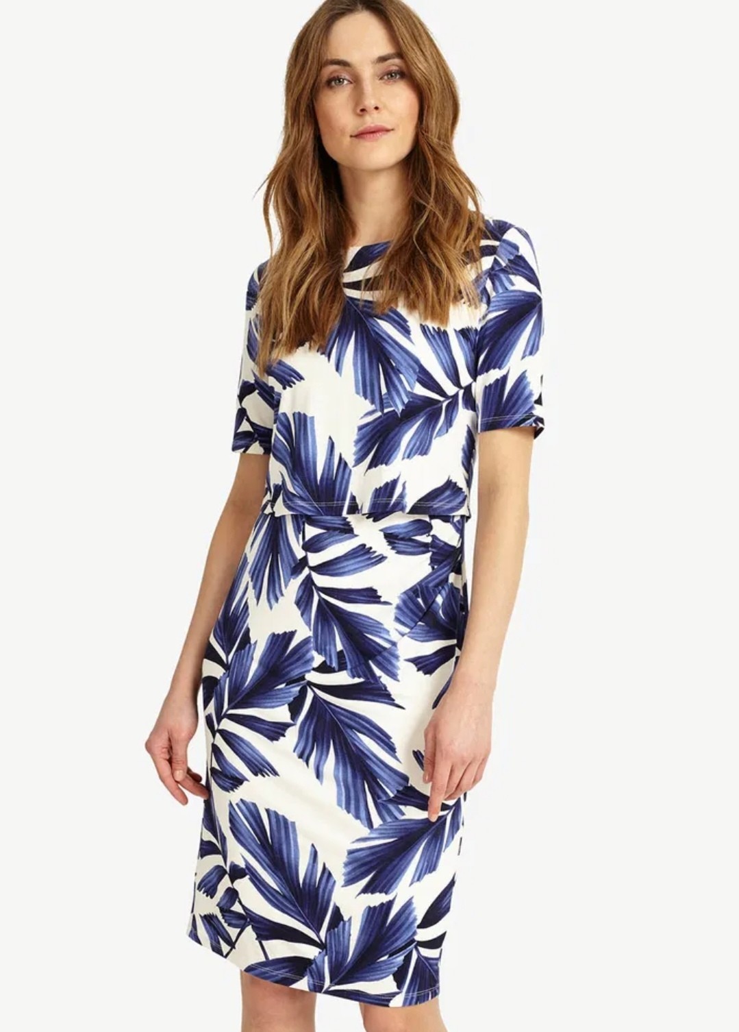 Phase Eight Dress Size 16 White Navy Eloise Palm Print Shift Bodice Layer Ruched