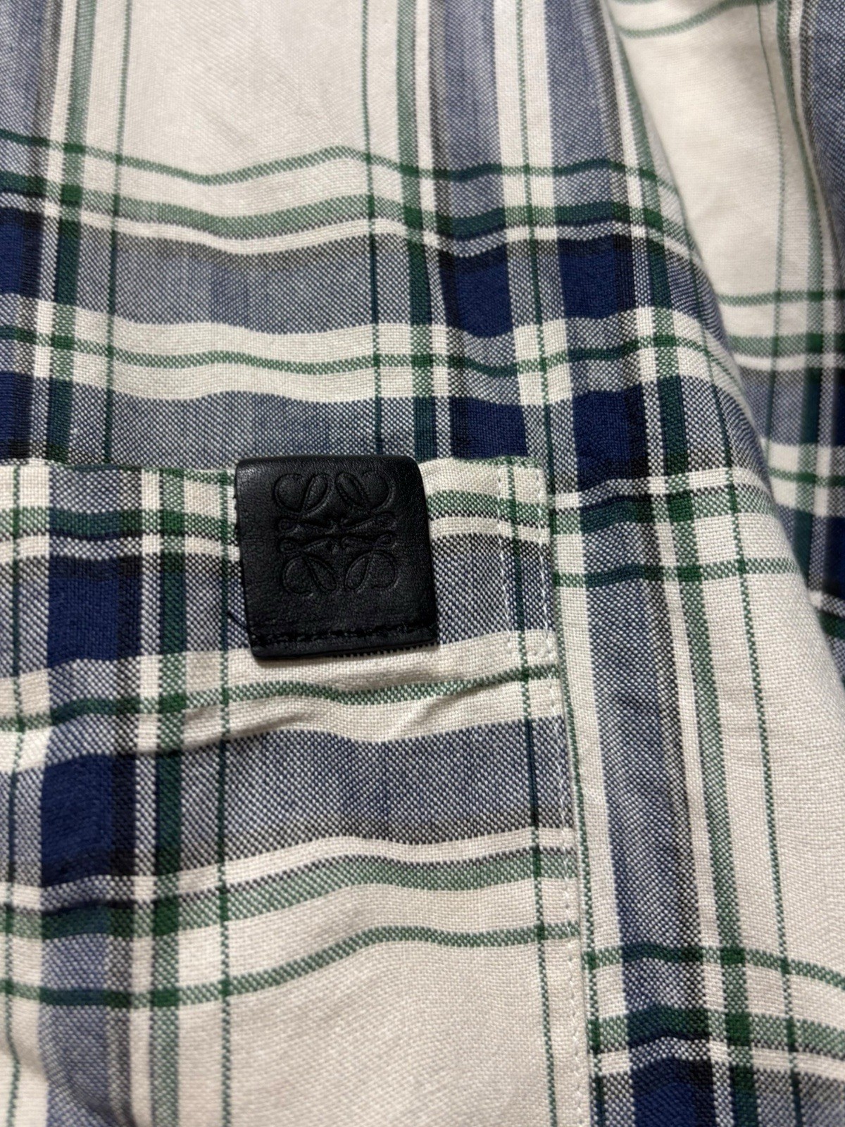 LOEWE Casual Patchwork Shirt Size 43 Beige Leather Pocket Logo Romanian Made