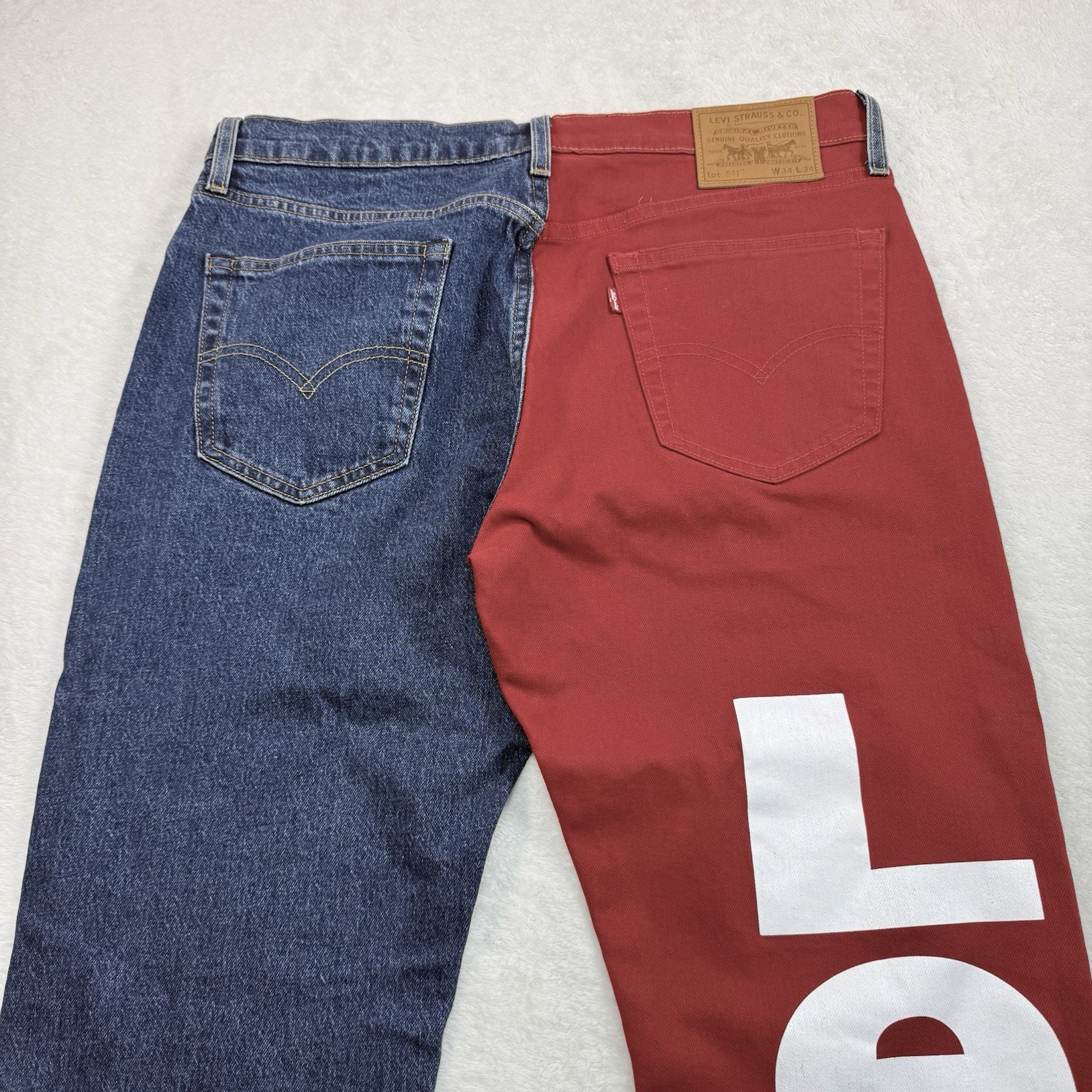 Levi’s 541 Color Block~RARE~Spell Out On Back Leg~Size 34X34~Logo~Blue Red Denim