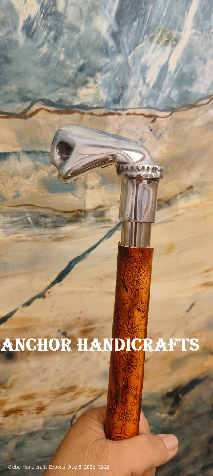 Handmade Punch Handle Leather embossed Nautical Style Wood Costume Walking Stick