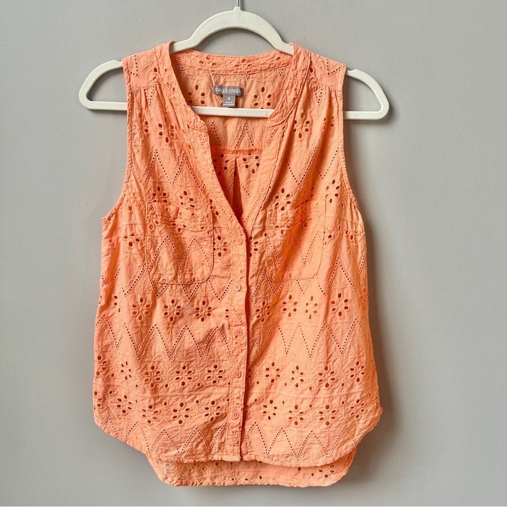 Falls Creek Top Women’s Small Peachy Orange Eyelet 100% Cotton Cottage Coastal