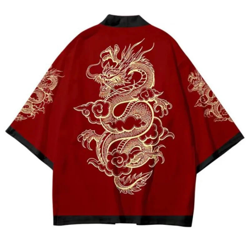 Japanese Kimono Cardigan Jacket Anime Dragon Print Haori Yukata Open Front Top