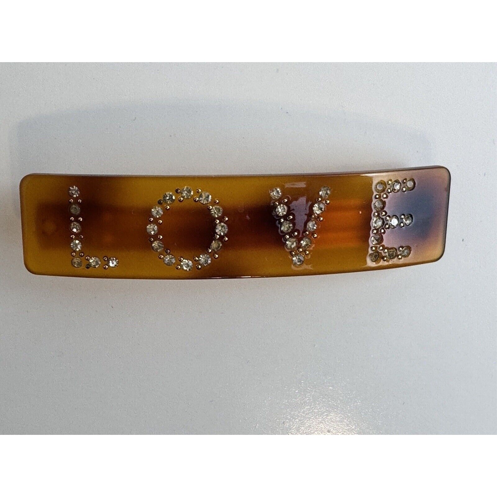 Vintage Amber Tortoiseshell LOVE Rhinestone Hair Barrette French Clip J-01