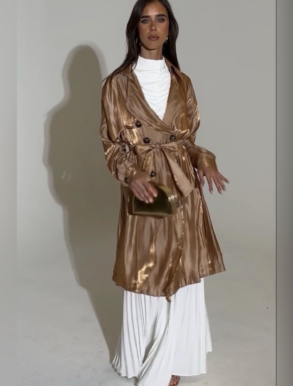 AKIRA Metallic Rose Gold Double-Breasted Trench Coat