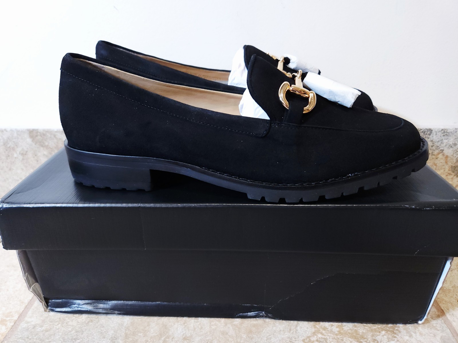 Talbots Cassidy Tassel Womens Loafers Slip-On Black Suede Lug Sole 7.5 M NIB NEW