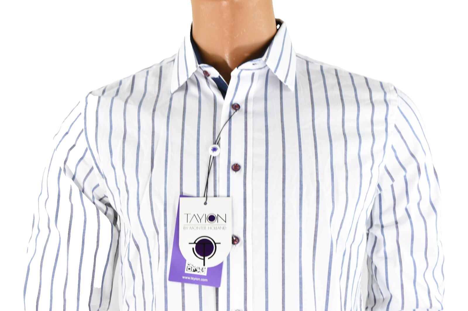 Tayion By Monte Holland Mens Dress Shirt New M 15-15.5 32/33 White Blue Stripe
