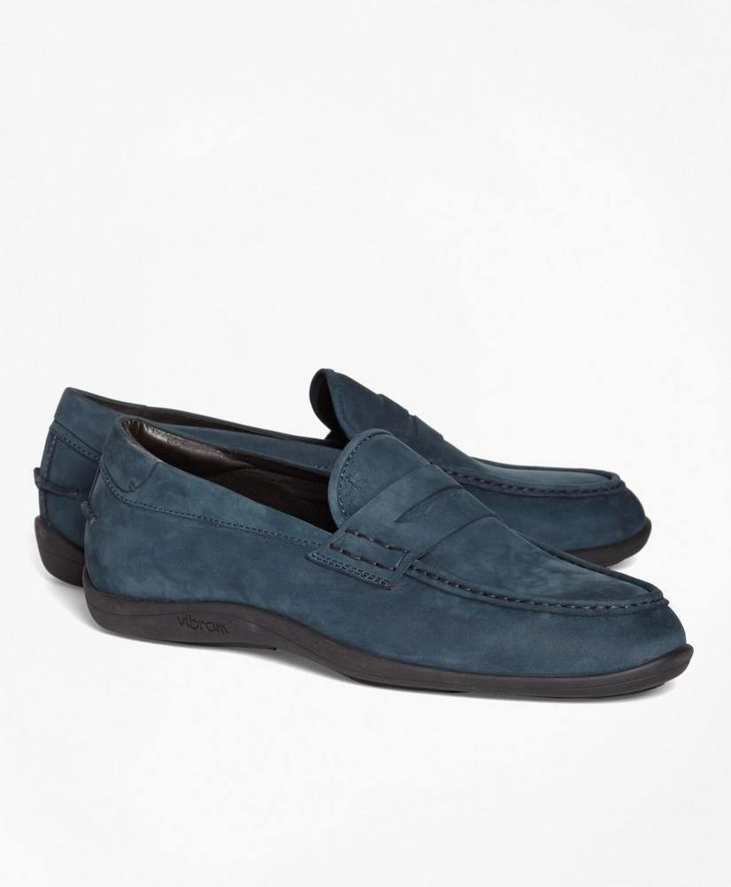 NIB-BROOKS BROTHERS 1818 Navy Suede Penny Loafers 7-1/2D-Rubber Soles-MSRP $298