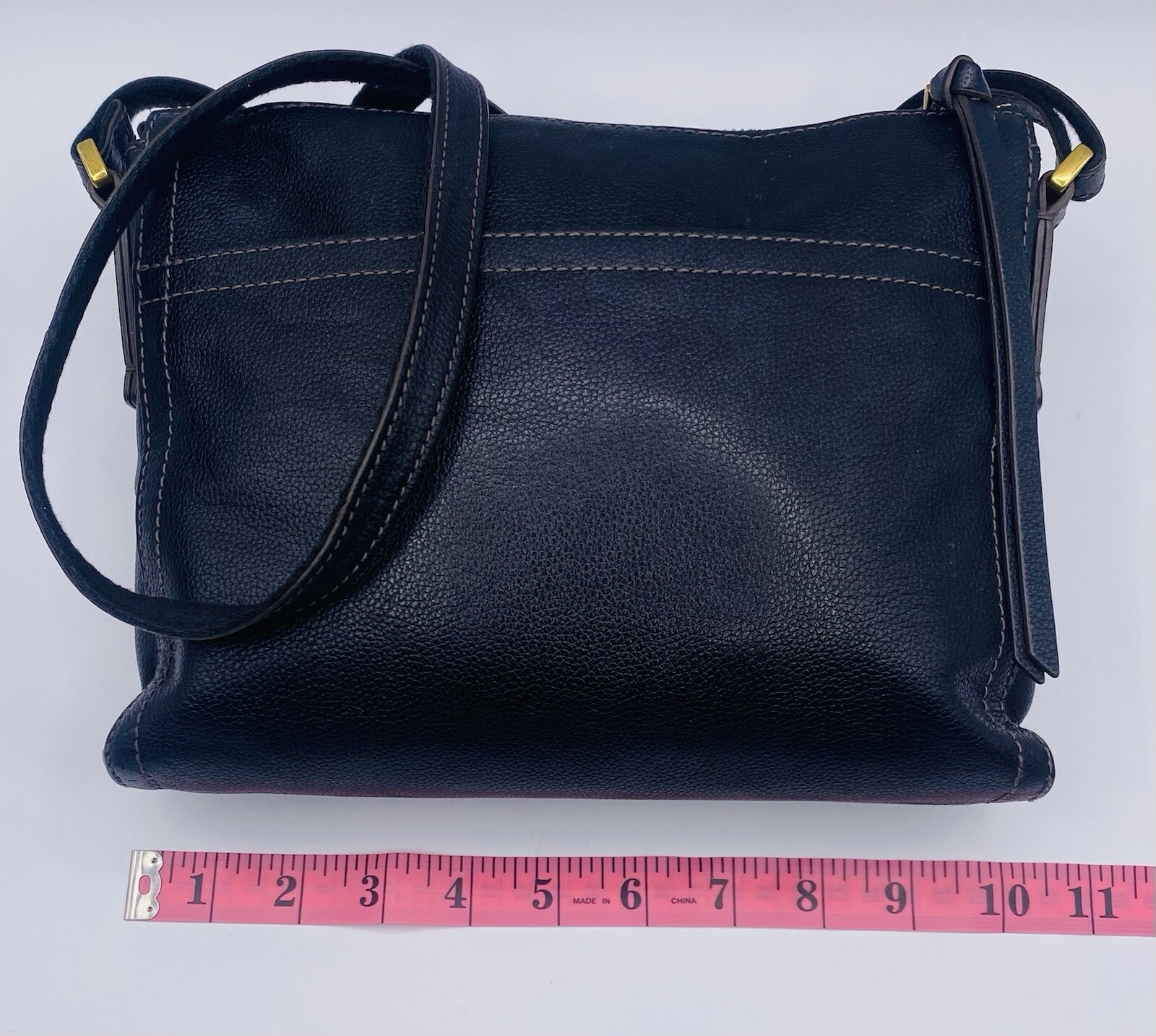 Fossil Fiona Black Pebbled Leather Thin Adjustable Crossbody Bag Front Pocket