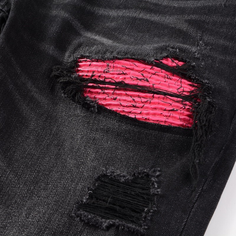 Men’s Black Skinny Stretch Jeans with Pink Patchwork Rips, Raw Hem, Button Waist