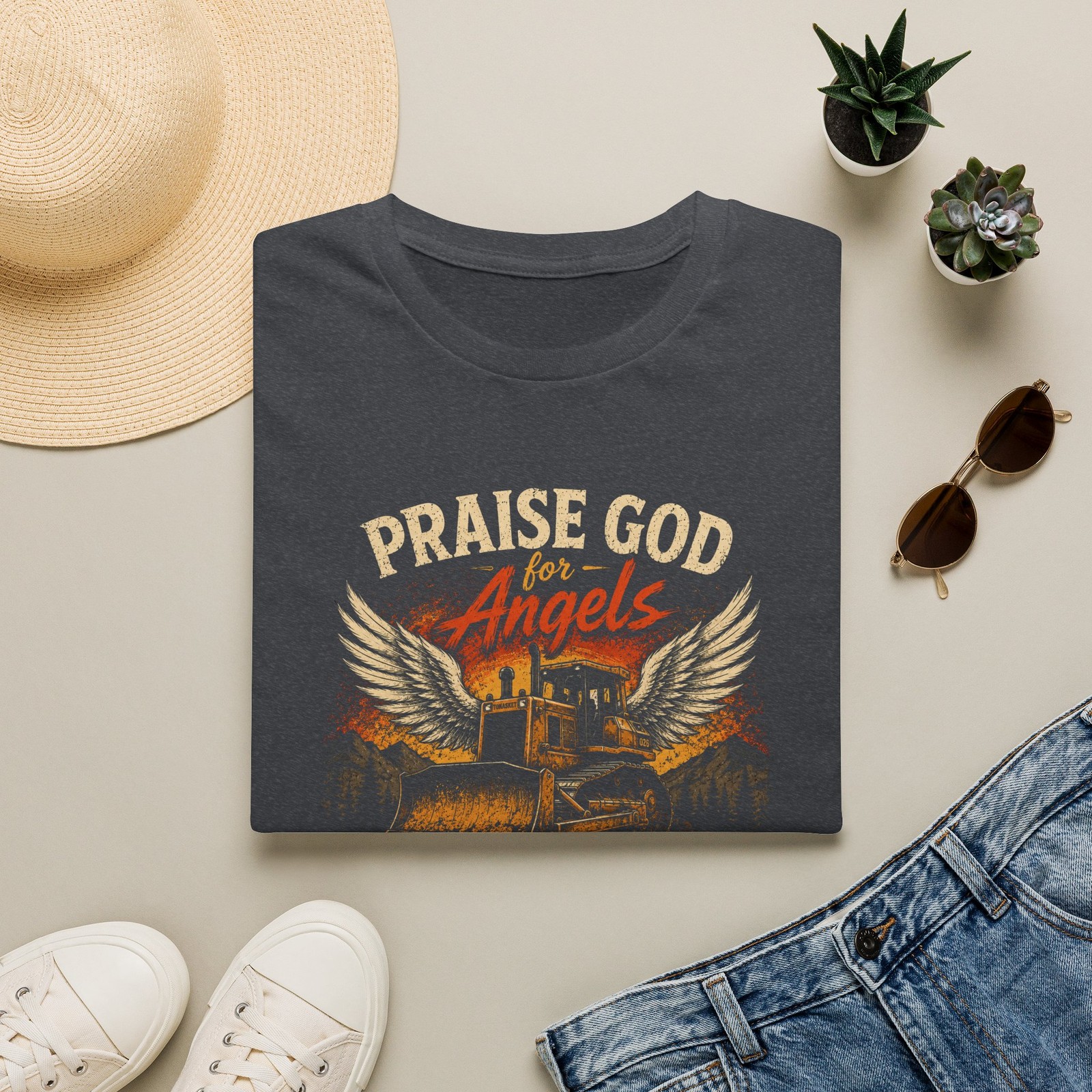 Praise God for Angels Bulldozer T-Shirt | Winged Bulldozer Tee