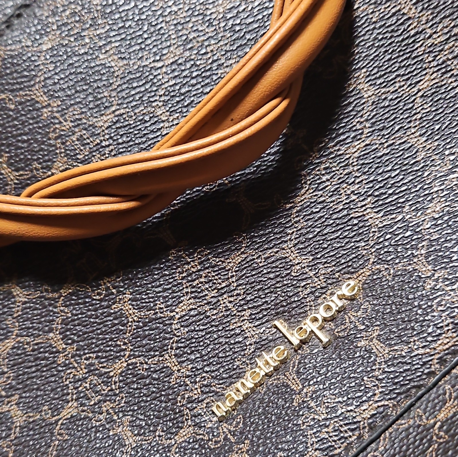 Nanette Lepore Brown Logo Crescent Shoulder Bag Braided Strap Zip Closure