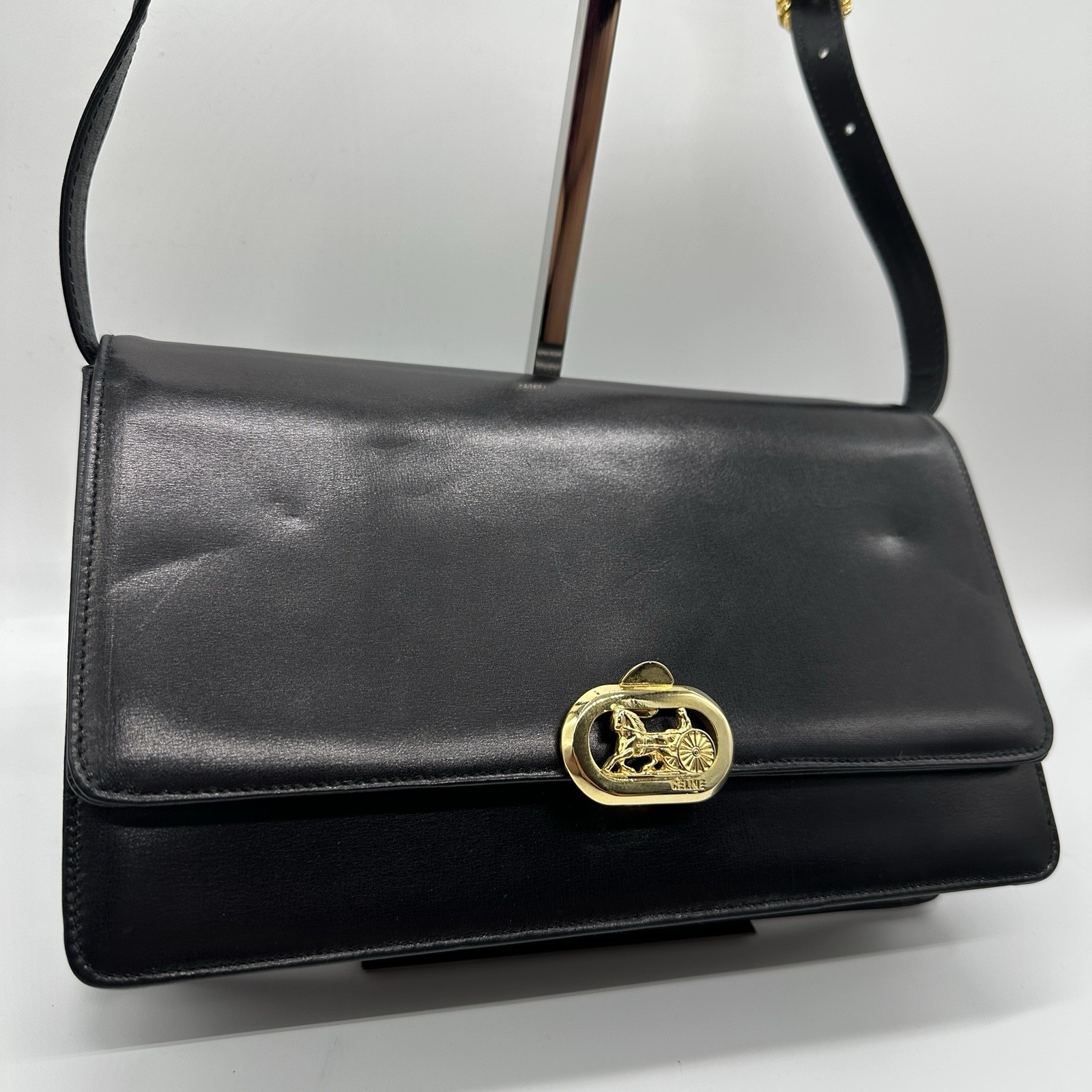 Celine Shoulder Bag Horse Carriage Vintage Black Gold Leather Purse Authentic!!