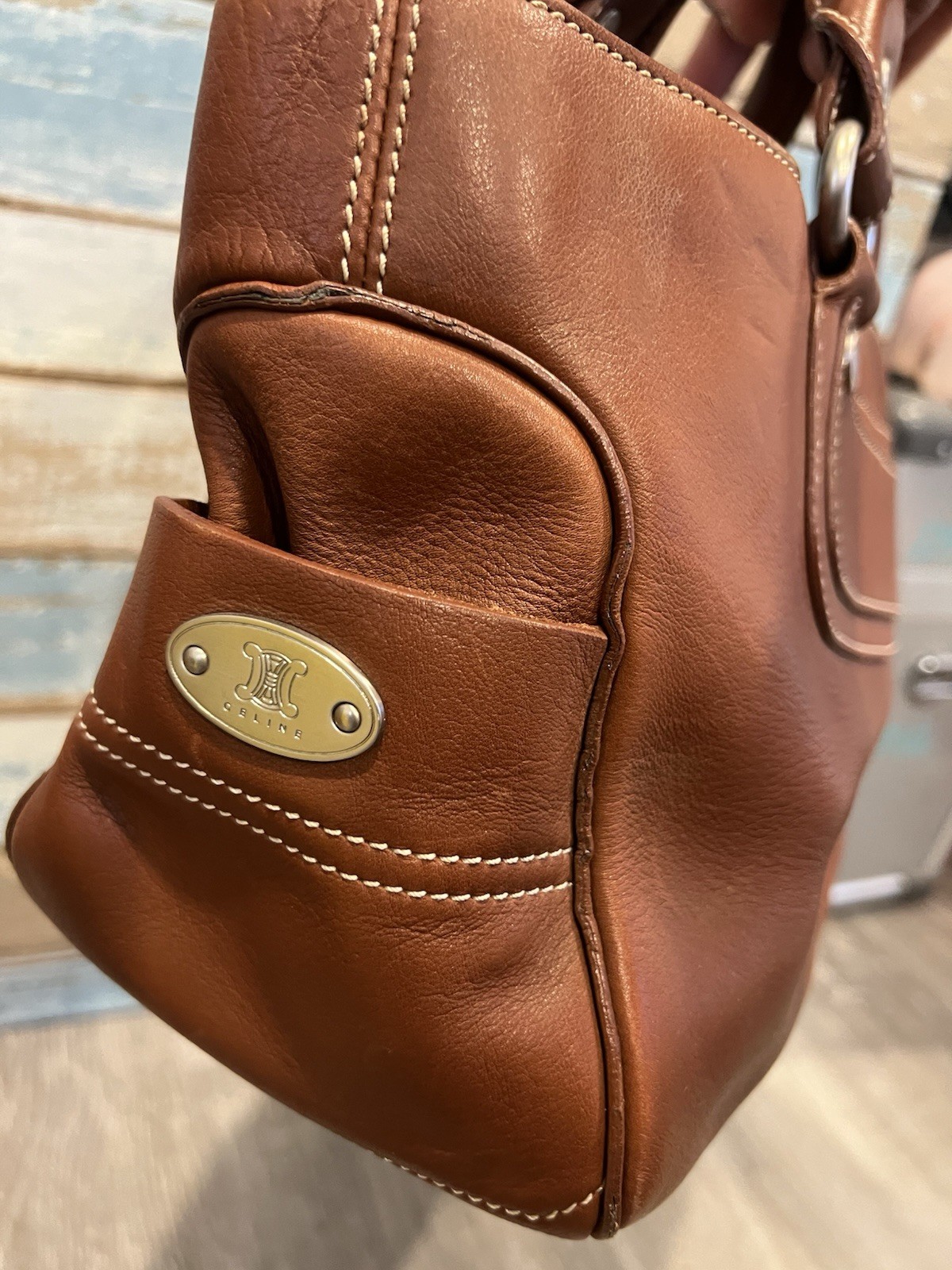 Authentic CELINE Boogie Bag Brown Pebbled Leather Satchel Tote Italy Vintage